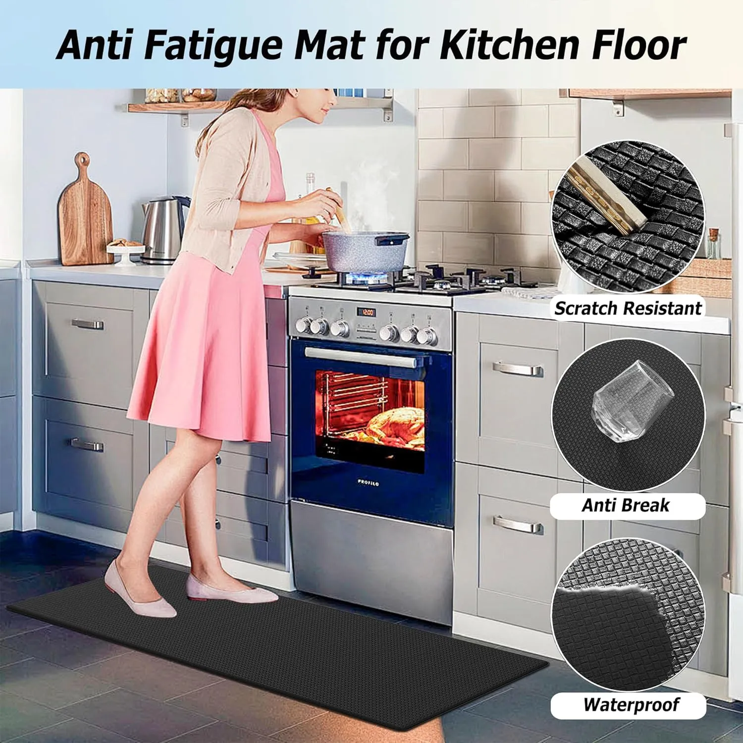 Artnice Kitchen Mats for Floor 2PCS, 0.4inch Stylish Anti Fatigue Mat, Non-Slip Standing Desk Mat, Waterproof Kitchen Rugs Set for Home, Office, Sink, Laundry 17.3"×30" 17.3"×59", Black