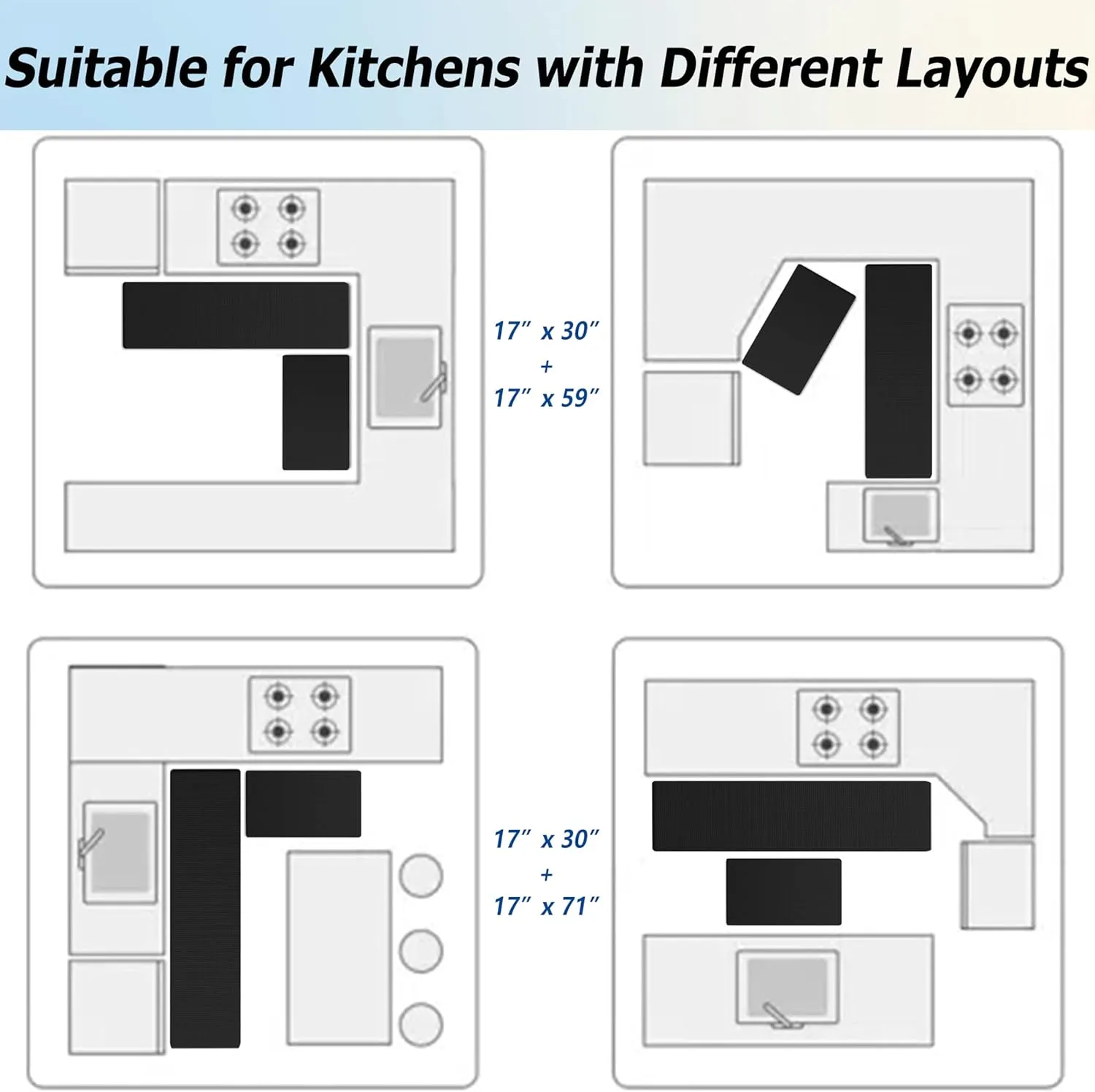 Artnice Kitchen Mats for Floor 2PCS, 0.4inch Stylish Anti Fatigue Mat, Non-Slip Standing Desk Mat, Waterproof Kitchen Rugs Set for Home, Office, Sink, Laundry 17.3"×30" 17.3"×59", Black