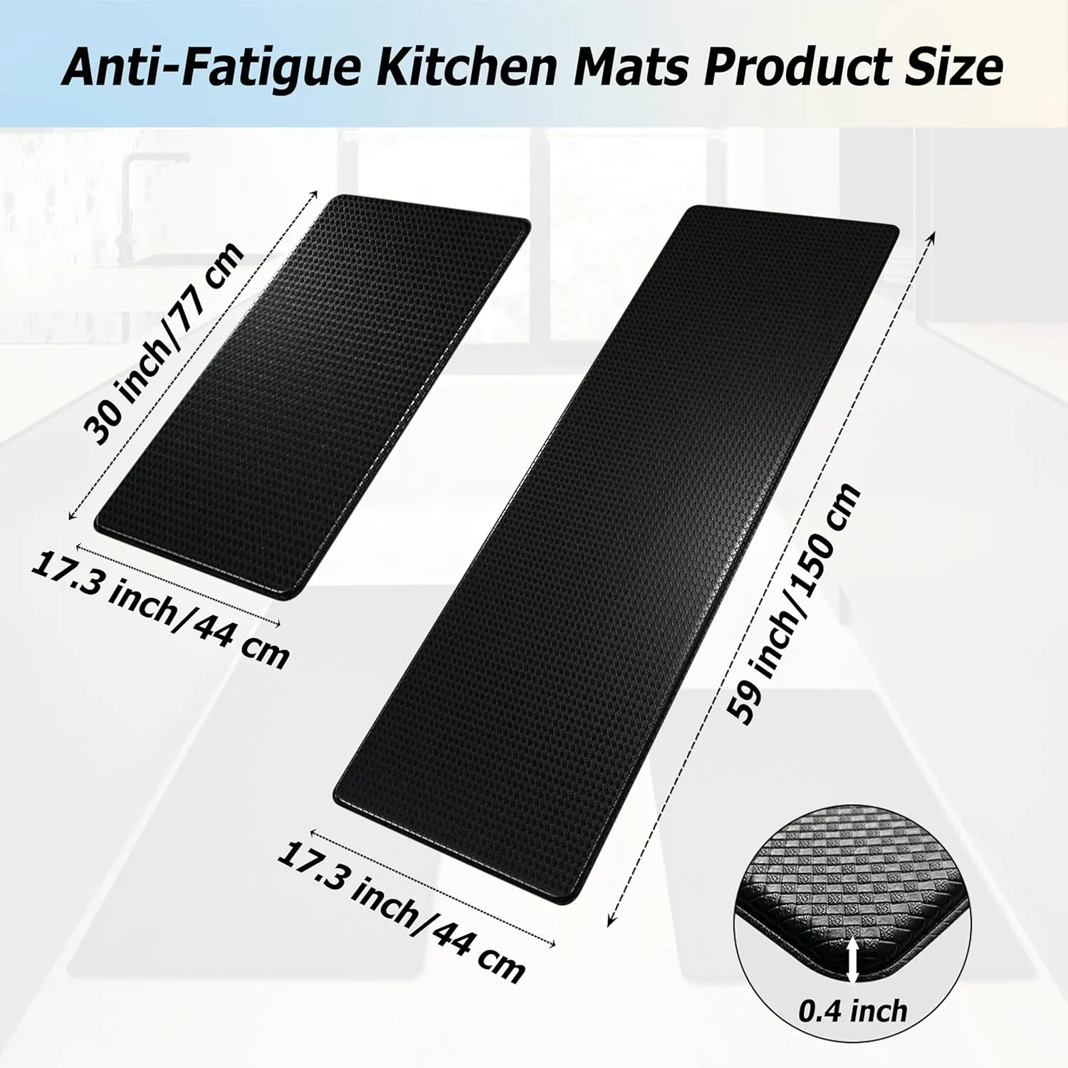 Artnice Kitchen Mats for Floor 2PCS, 0.4inch Stylish Anti Fatigue Mat, Non-Slip Standing Desk Mat, Waterproof Kitchen Rugs Set for Home, Office, Sink, Laundry 17.3"×30" 17.3"×59", Black