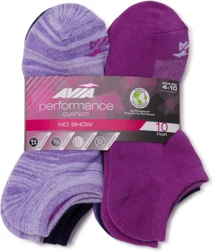 Avia Performance Womens’ No Show Cushion Socks (10-Pair Packs, Sock size 9-11; fits shoe size 4-10)