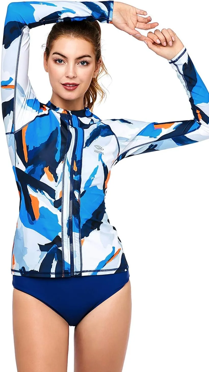 AXESEA Women Long Sleeve Rash Guard UPF 50  UV Sun Protection Zip Front Swimsuit Shirt Printed Surfing Shirt Top