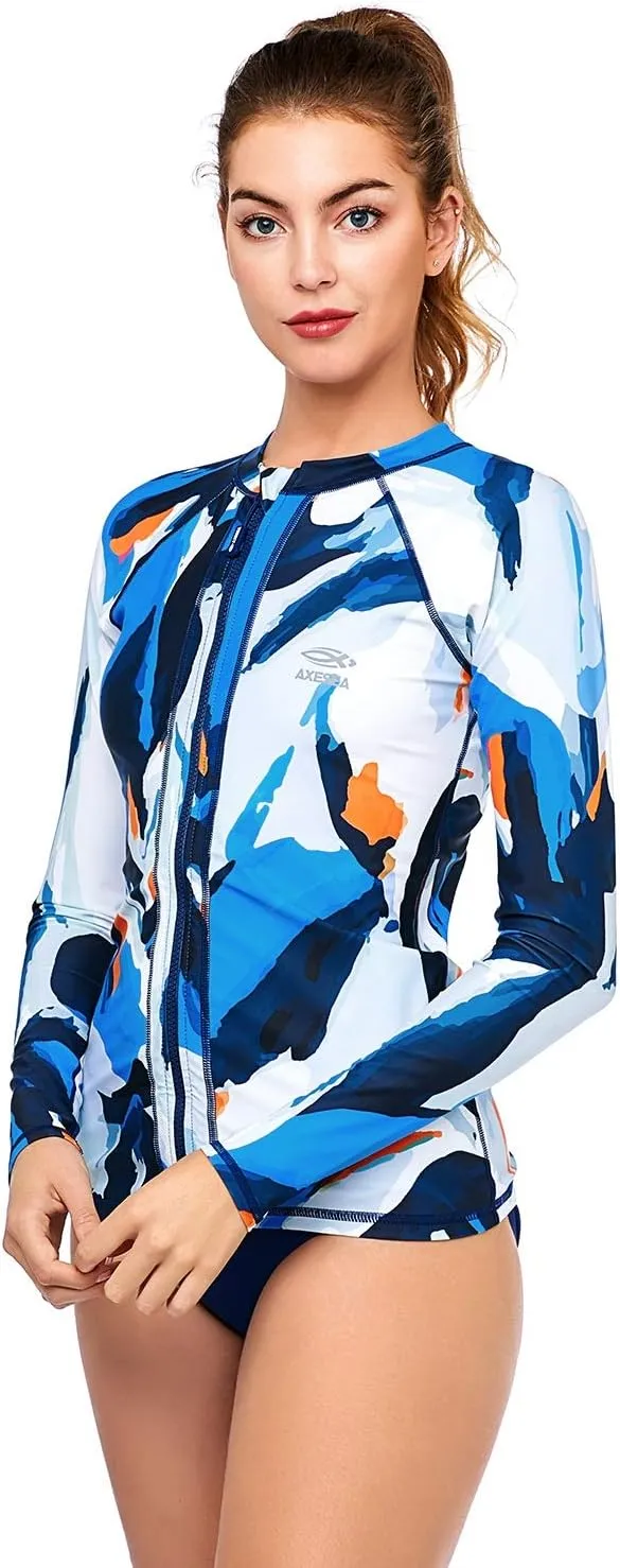 AXESEA Women Long Sleeve Rash Guard UPF 50  UV Sun Protection Zip Front Swimsuit Shirt Printed Surfing Shirt Top
