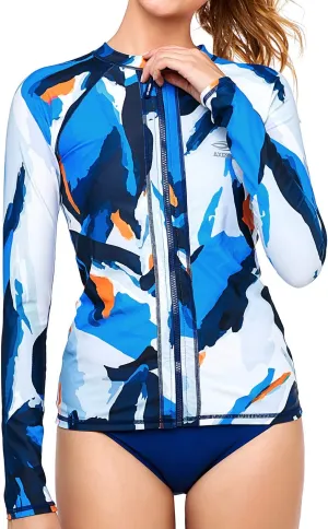 AXESEA Women Long Sleeve Rash Guard UPF 50  UV Sun Protection Zip Front Swimsuit Shirt Printed Surfing Shirt Top