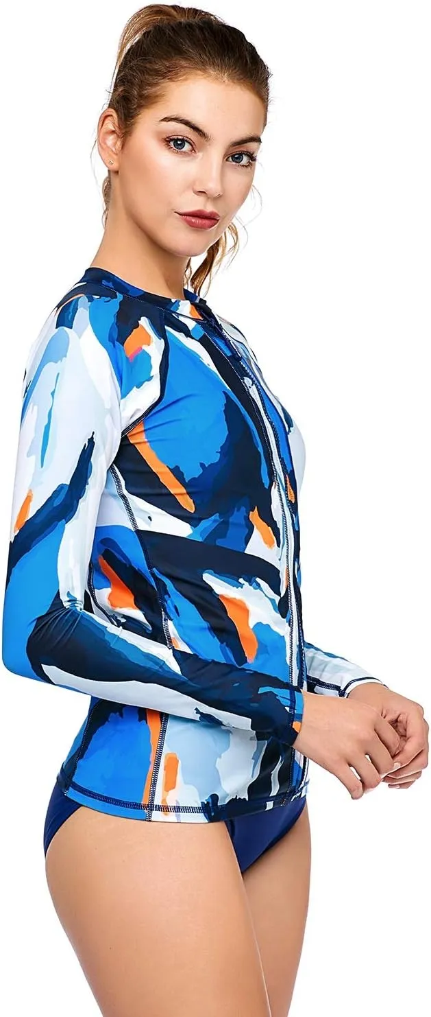 AXESEA Women Long Sleeve Rash Guard UPF 50  UV Sun Protection Zip Front Swimsuit Shirt Printed Surfing Shirt Top