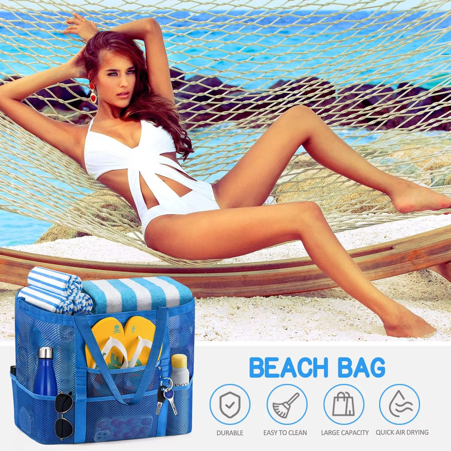 Ayieyill Mesh Beach Bag Tote Bag for Women, Foldable Swim Large Beach Tote Bag with Zipper Pockets Waterproof Sandproof