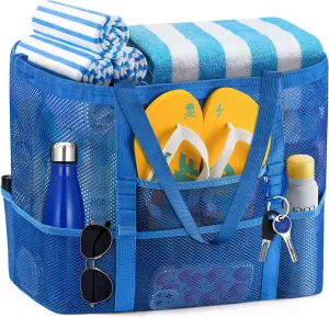 Ayieyill Mesh Beach Bag Tote Bag for Women, Foldable Swim Large Beach Tote Bag with Zipper Pockets Waterproof Sandproof