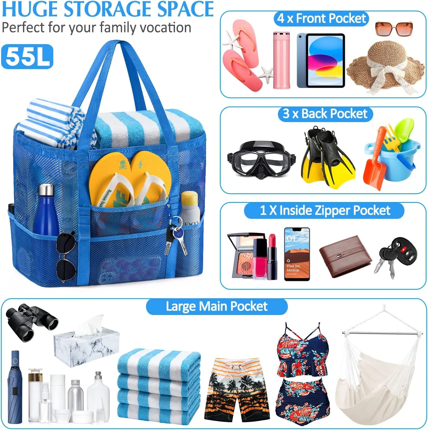 Ayieyill Mesh Beach Bag Tote Bag for Women, Foldable Swim Large Beach Tote Bag with Zipper Pockets Waterproof Sandproof