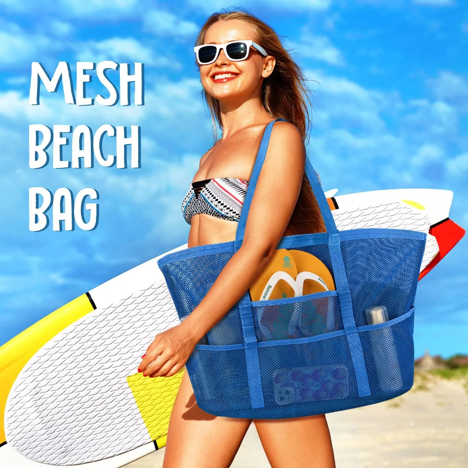 Ayieyill Mesh Beach Bag Tote Bag for Women, Foldable Swim Large Beach Tote Bag with Zipper Pockets Waterproof Sandproof