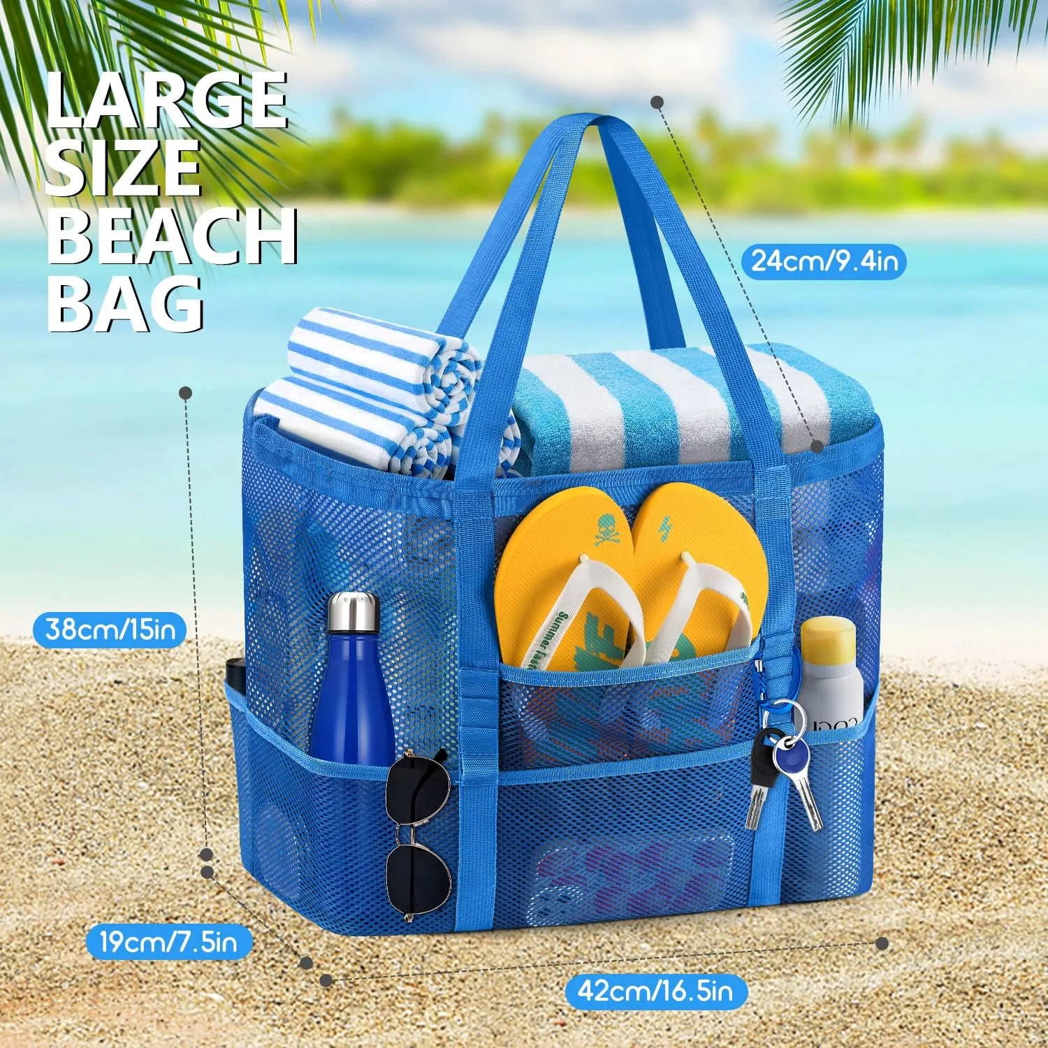Ayieyill Mesh Beach Bag Tote Bag for Women, Foldable Swim Large Beach Tote Bag with Zipper Pockets Waterproof Sandproof