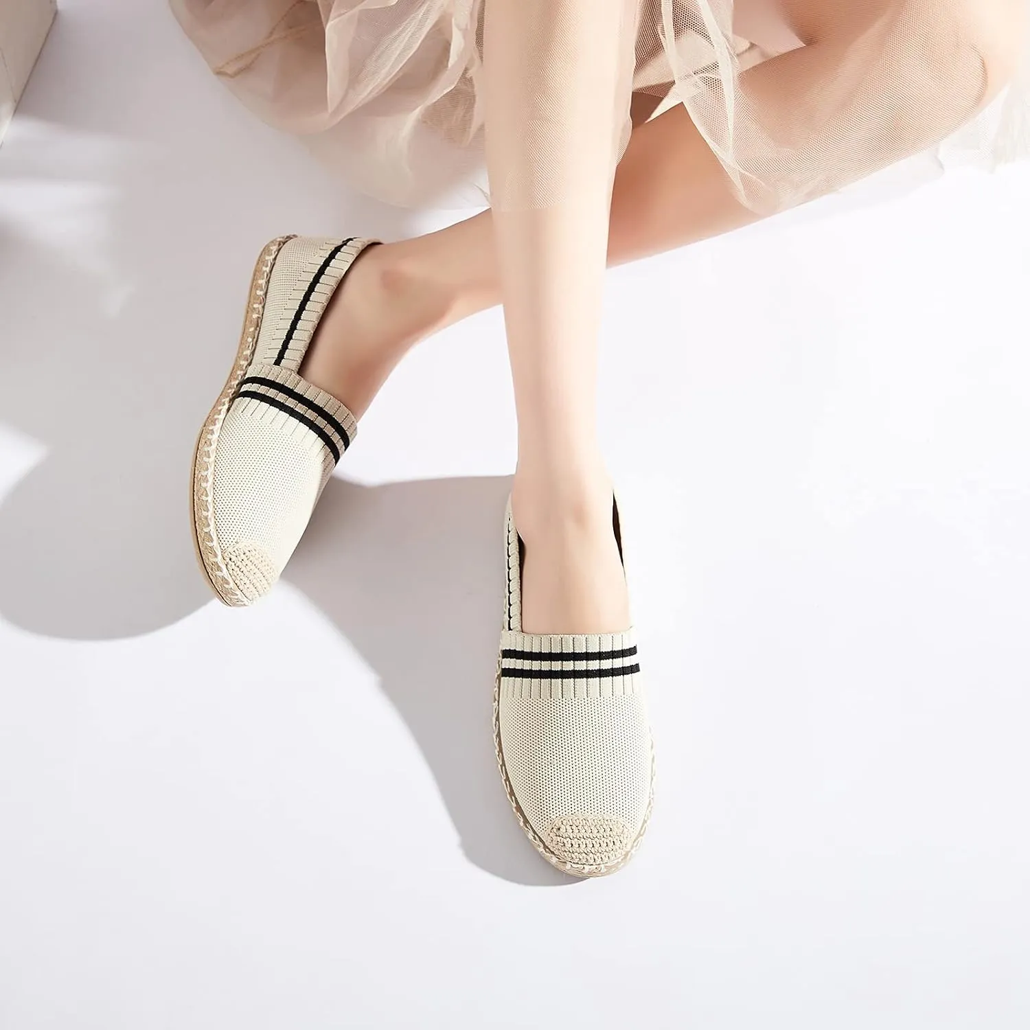 BABUDOG Womens Espadrilles Breathable Flats Shoes Mesh Slip on Loafers Soft White Flats