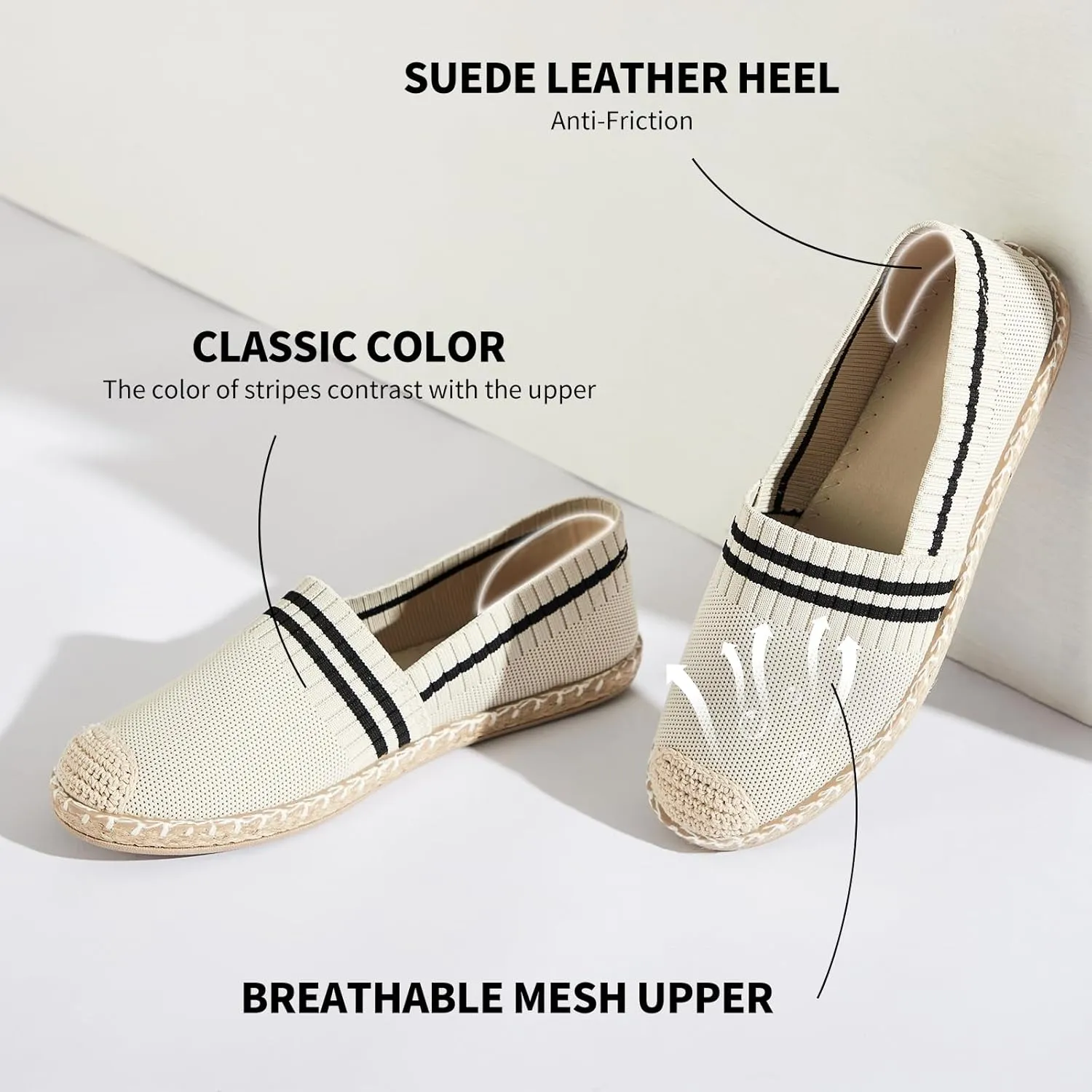 BABUDOG Womens Espadrilles Breathable Flats Shoes Mesh Slip on Loafers Soft White Flats