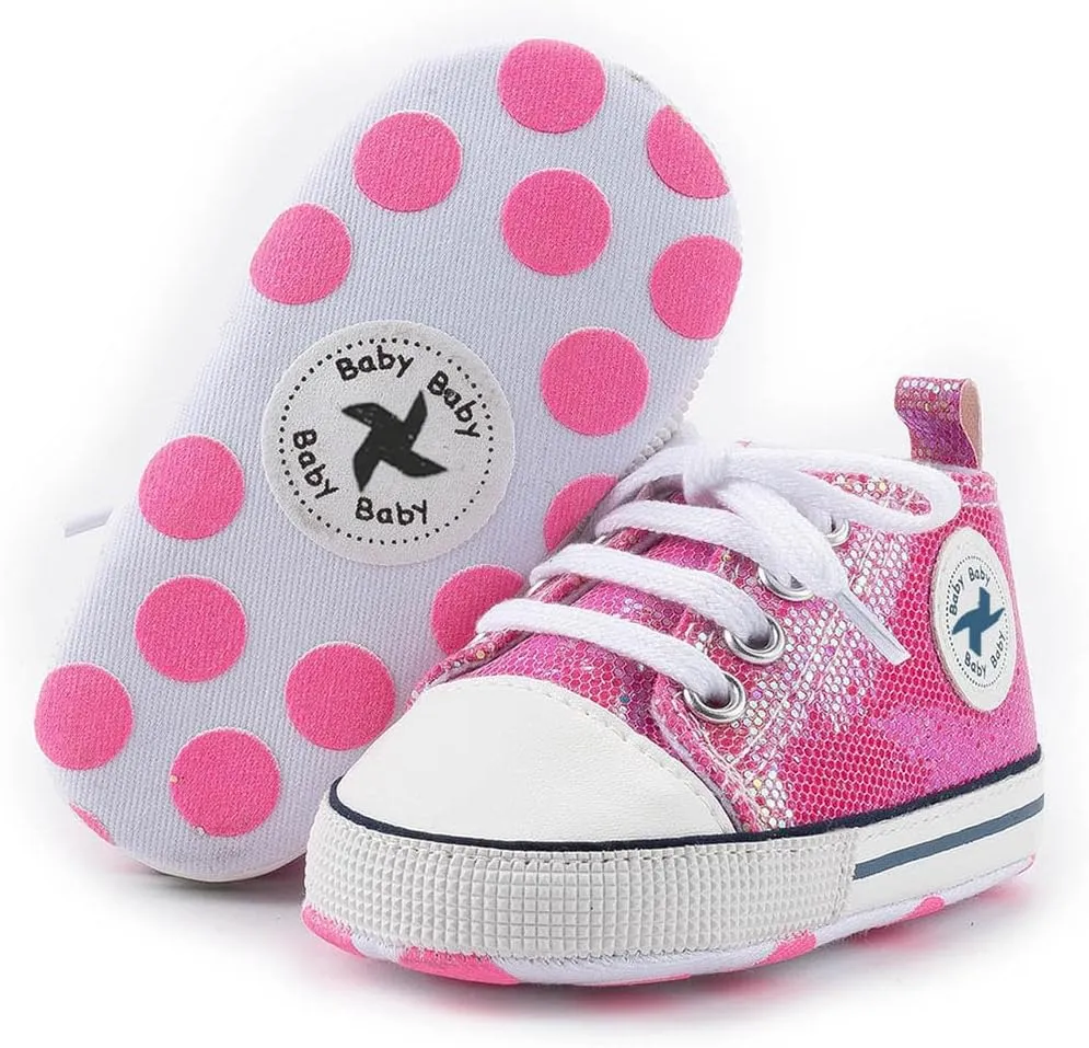 Baby Boys Girls Star High Top Sneaker Soft Anti-Slip Sole Newborn Infant First Walkers Canvas Denim Shoes (11cm, B-Sequins Rose Red, 0_Months)
