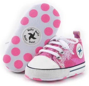 Baby Boys Girls Star High Top Sneaker Soft Anti-Slip Sole Newborn Infant First Walkers Canvas Denim Shoes (11cm, B-Sequins Rose Red, 0_Months)