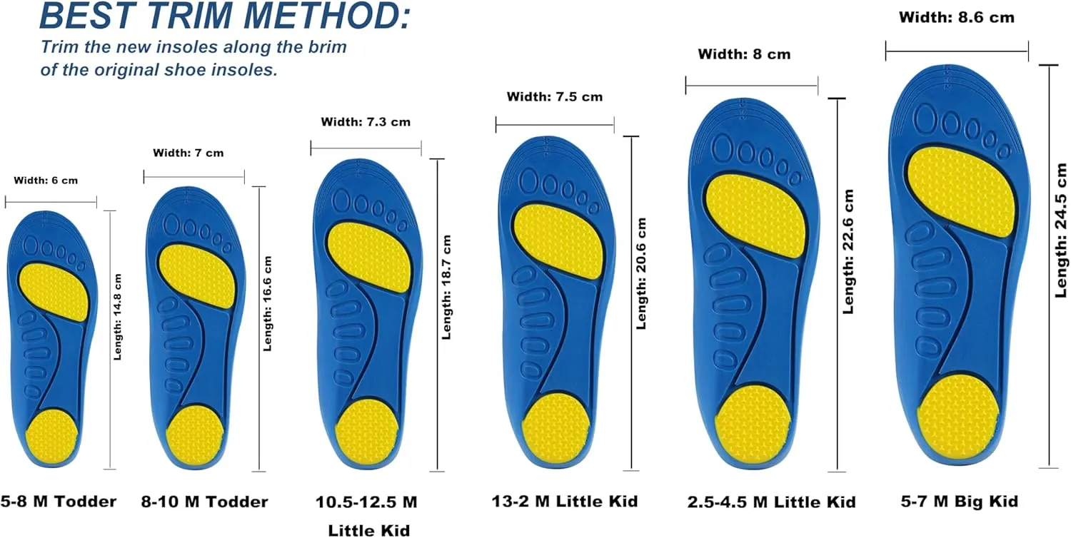 Bacophy Kids Orthotic Arch Support Shoe Insoles, Children Pu Cushioning Inserts, Shock Absorption Velvet Surfaces Deep Heel Cup Inner Sole for Flat Feet, Plantar Fasciitis, Feet Heel Pain Relief Blue