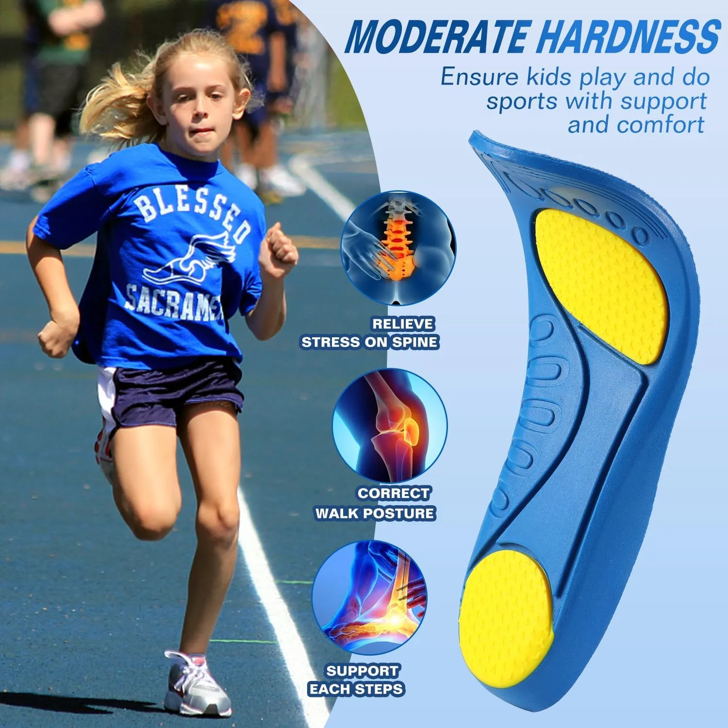 Bacophy Kids Orthotic Arch Support Shoe Insoles, Children Pu Cushioning Inserts, Shock Absorption Velvet Surfaces Deep Heel Cup Inner Sole for Flat Feet, Plantar Fasciitis, Feet Heel Pain Relief Blue