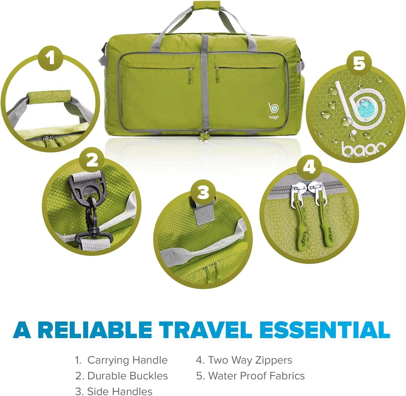 Bago Foldable Duffel Bags for Traveling Women & Men - 60L Medium Packable Duffle Bag for Travel with Shoe Compartment - Water Repellant, Heavy Duty, Lightweight Folding & Collapsible (Green)