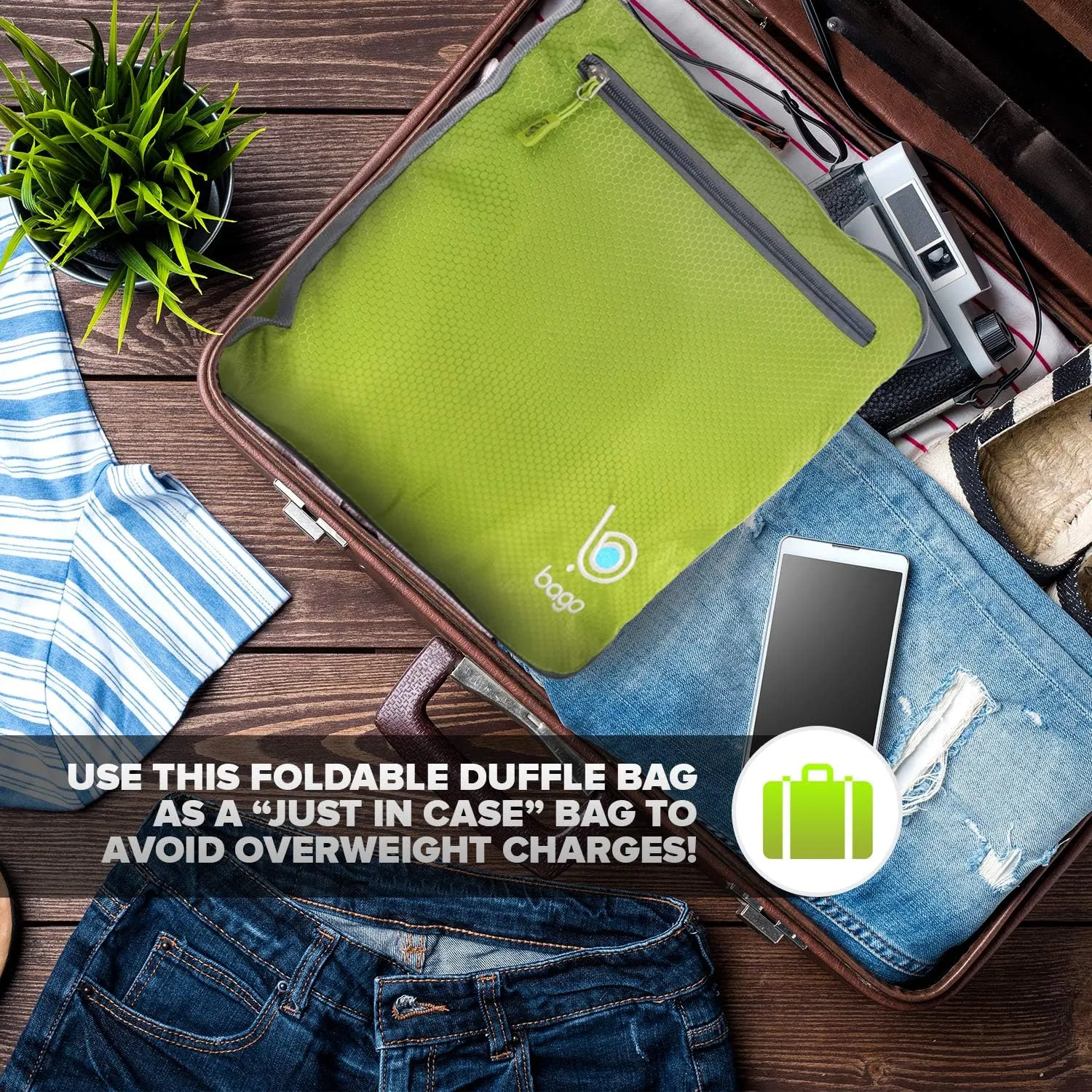 Bago Foldable Duffel Bags for Traveling Women & Men - 60L Medium Packable Duffle Bag for Travel with Shoe Compartment - Water Repellant, Heavy Duty, Lightweight Folding & Collapsible (Green)
