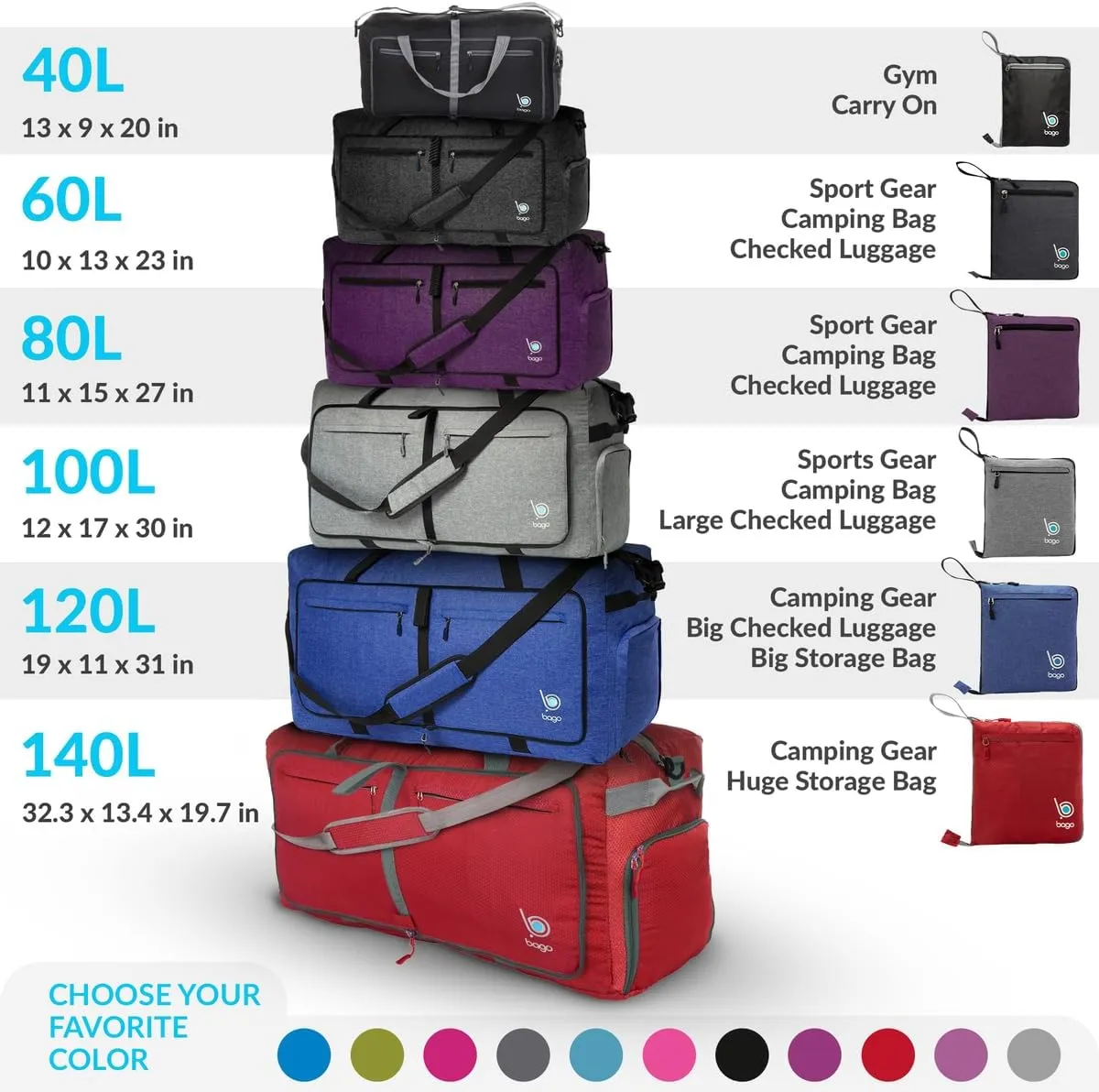 Bago Large Foldable Duffel Bags for Traveling Women & Men - 80L Packable Duffle Bag for Travel with Shoe Compartment - Water Repellant, Heavy Duty, Lightweight Folding & Collapsible (Blue)