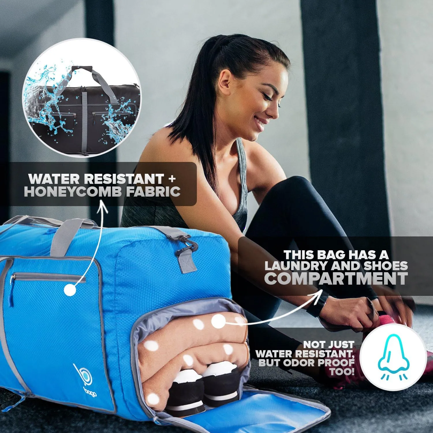Bago Large Foldable Duffel Bags for Traveling Women & Men - 80L Packable Duffle Bag for Travel with Shoe Compartment - Water Repellant, Heavy Duty, Lightweight Folding & Collapsible (Blue)