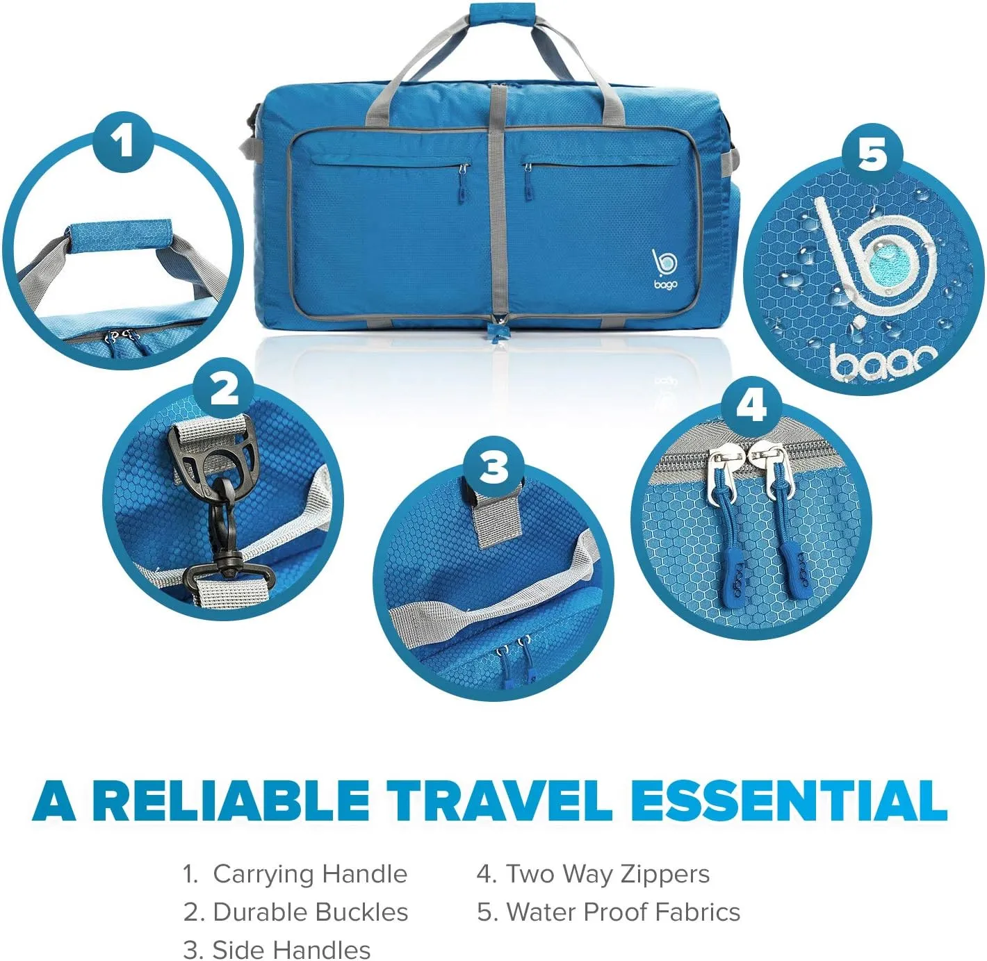 Bago Large Foldable Duffel Bags for Traveling Women & Men - 80L Packable Duffle Bag for Travel with Shoe Compartment - Water Repellant, Heavy Duty, Lightweight Folding & Collapsible (Blue)