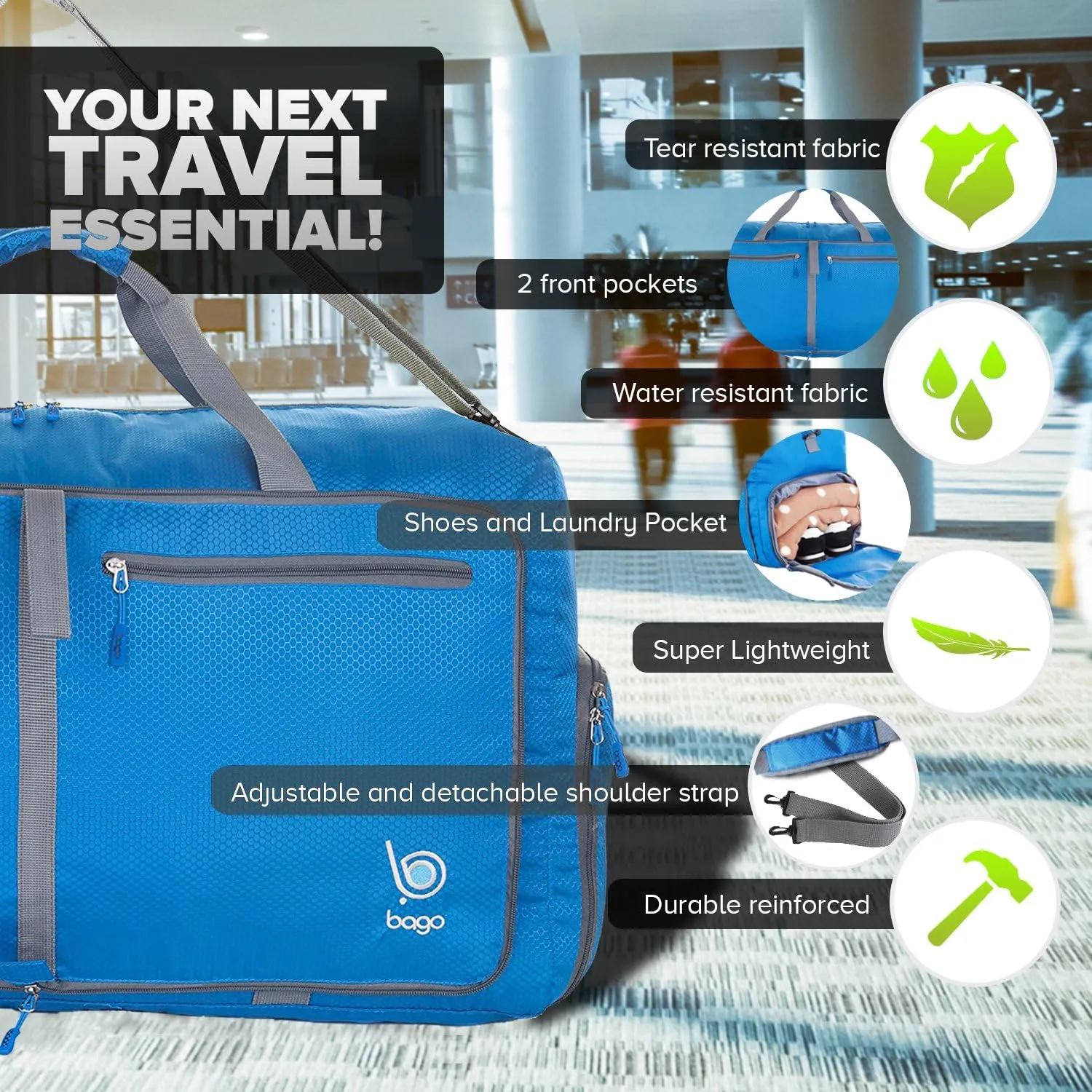 Bago Large Foldable Duffel Bags for Traveling Women & Men - 80L Packable Duffle Bag for Travel with Shoe Compartment - Water Repellant, Heavy Duty, Lightweight Folding & Collapsible (Blue)
