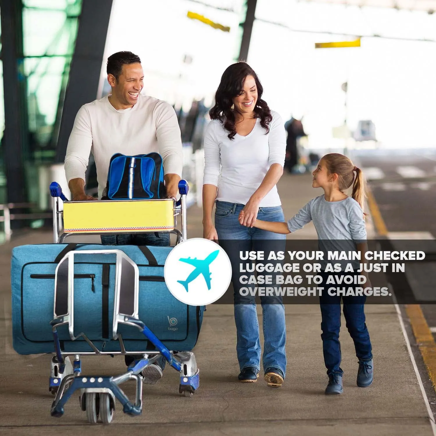 Bago Large Foldable Duffel Bags for Traveling Women & Men - 80L Packable Duffle Bag for Travel with Shoe Compartment - Water Repellant, Heavy Duty, Lightweight Folding & Collapsible (Blue)