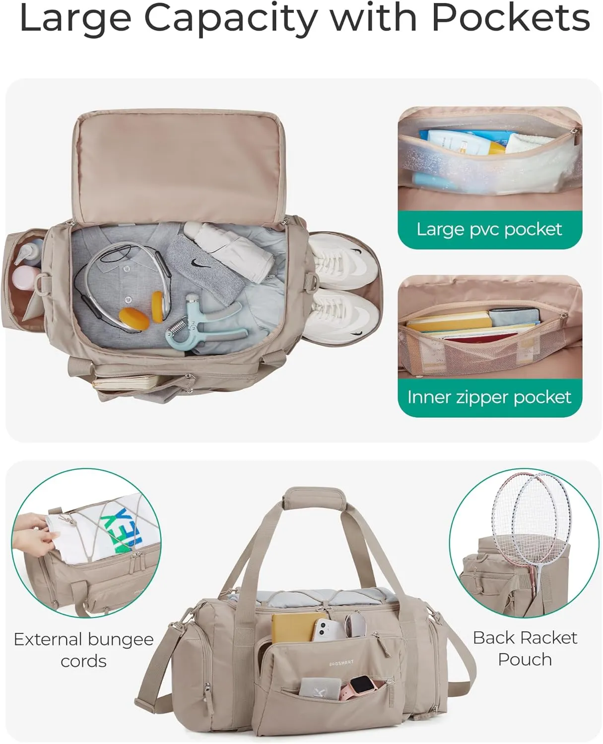 BAGSMART 4-IN-1 Gym Bag for Women,TSA Lightweight Duffle Bag for Travel with Shoe Compartment & Wet Pocket, 30L Carry On Weekender Bags for Women,Water Resistant Travel Duffel Backpack,Pink,Beige