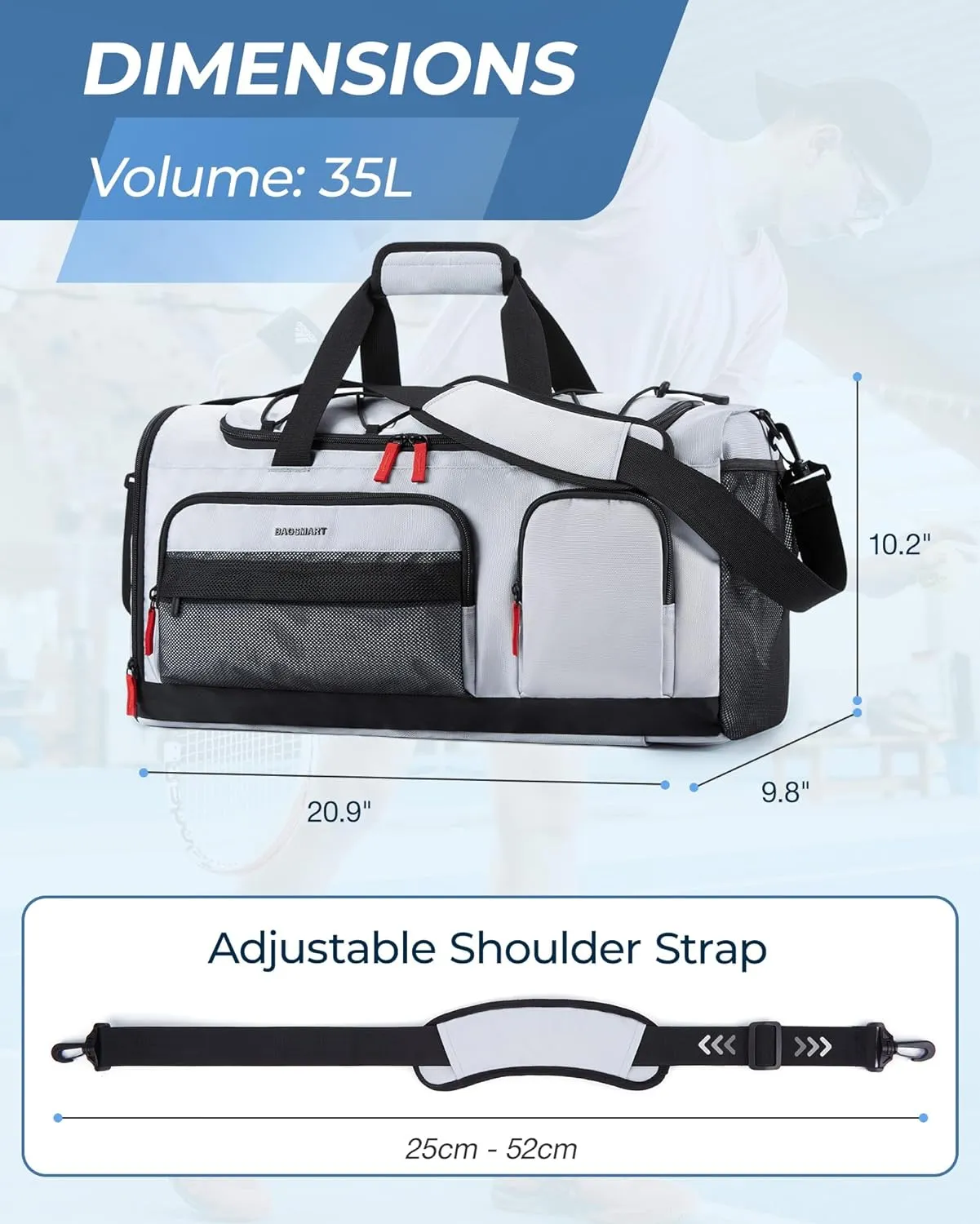 BAGSMART Gym Bag for Women & Men, 35L Sports Travel Duffel Bag with Shoe Laptop Compartment，Anti-Theft Carry On Weekend Bag for Airplane,Workout Overnight Backpack for Hiking,Dark Grey