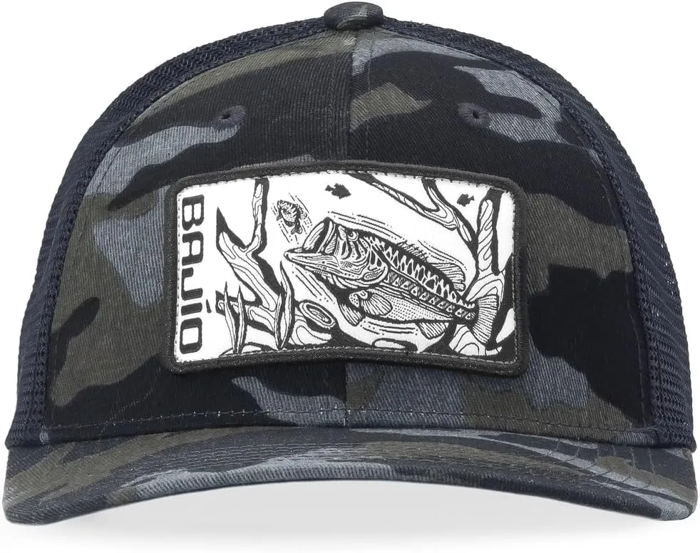 Bajío Flat Brim Fishing Hat – Marine Art Snapback Trucker Cap with Embroidered Ocean Design, Breathable and Coastal-Ready