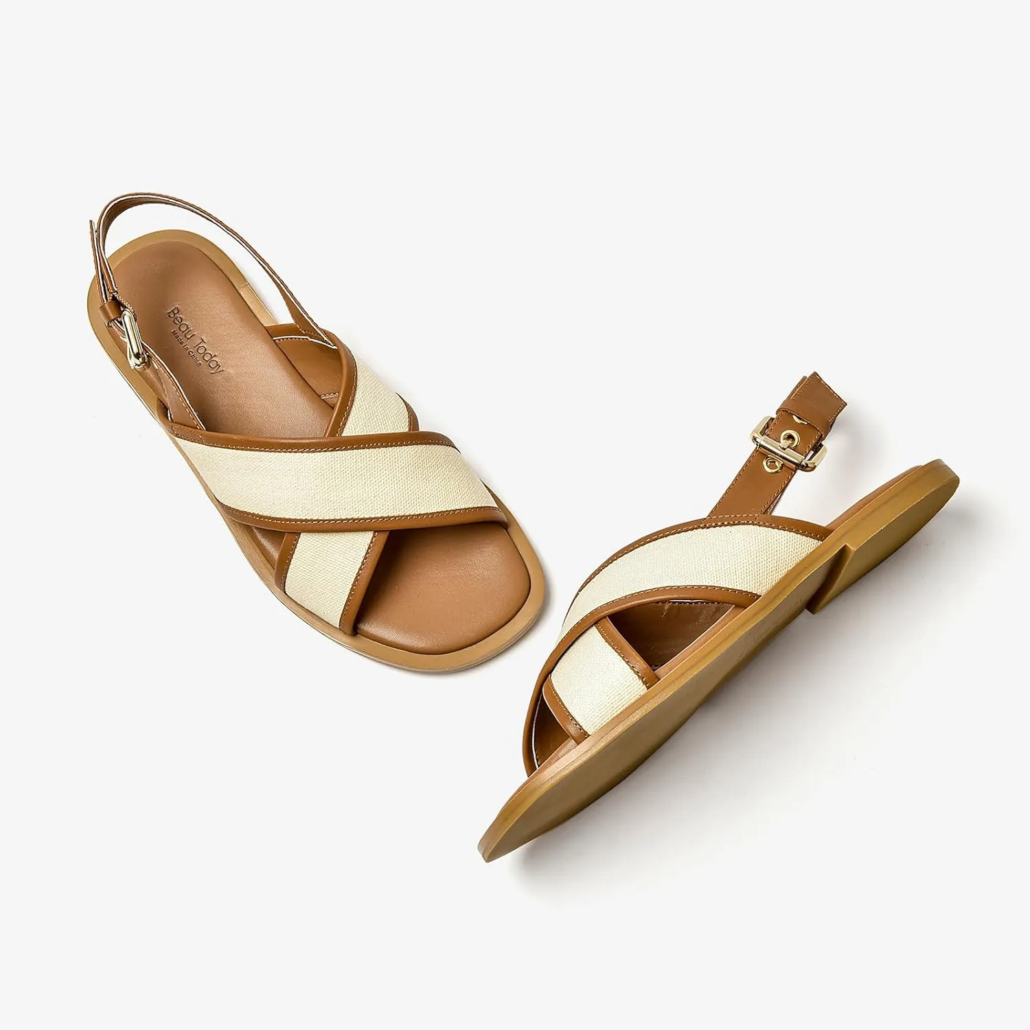 BEAU TODAY Flat Sandals for Women, Women’s Leather Sandals with Back Strap, Open Toe Summer Shoes Buckle Comfortable Dress Sandals Shoes for Women
