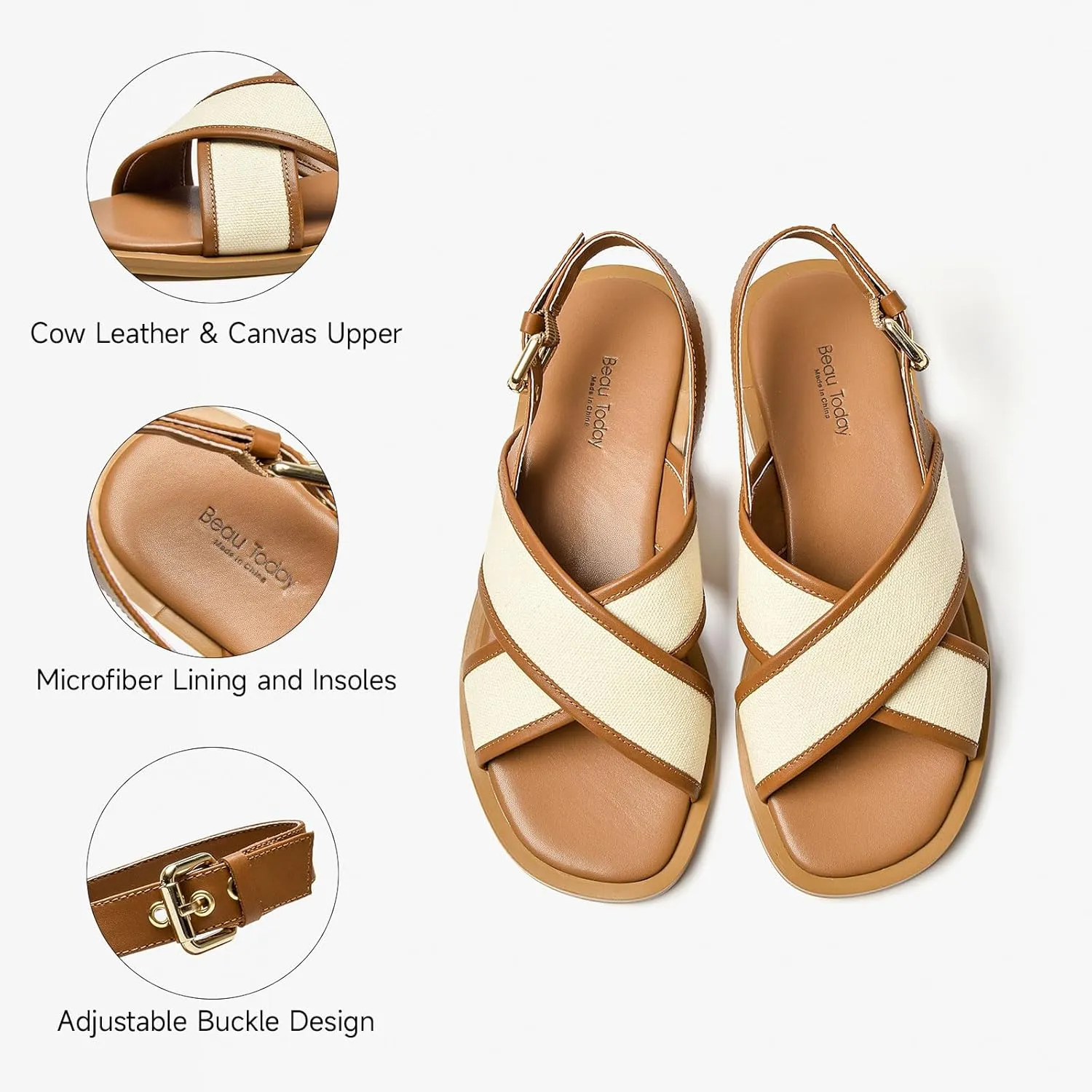 BEAU TODAY Flat Sandals for Women, Women’s Leather Sandals with Back Strap, Open Toe Summer Shoes Buckle Comfortable Dress Sandals Shoes for Women