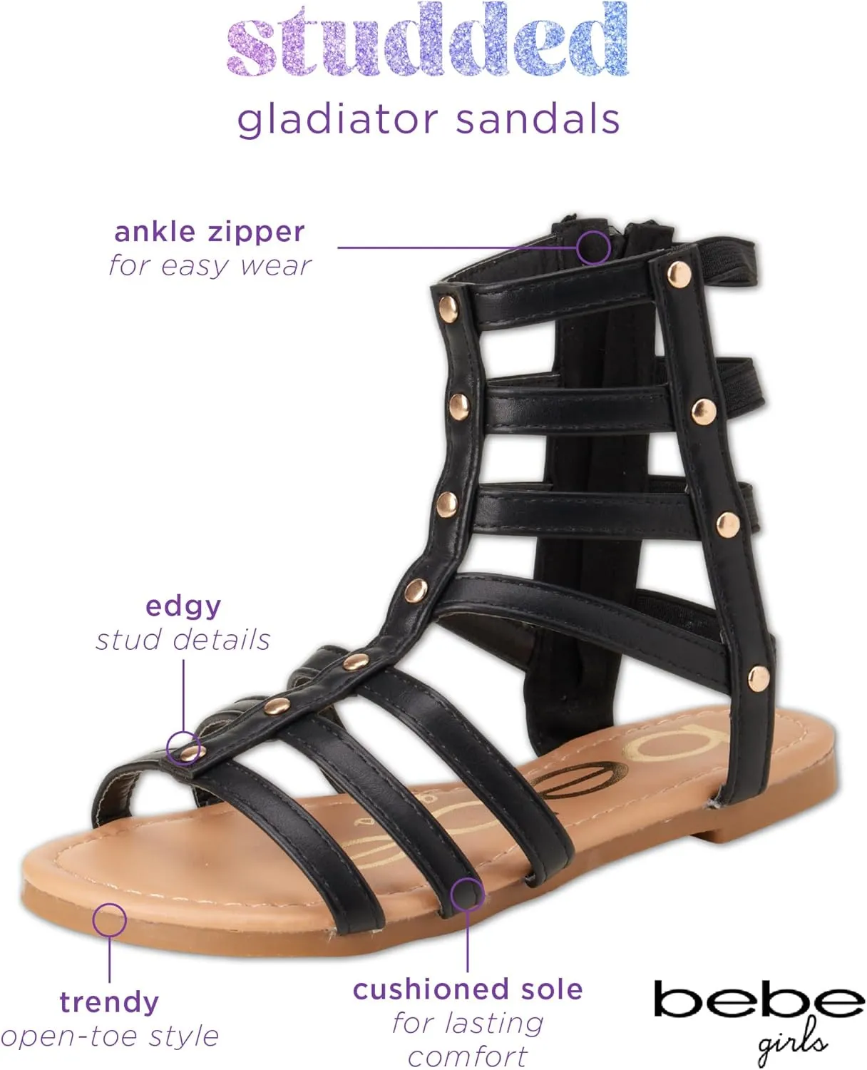 bebe Girls' Sandals - Open Toe Lightweight Summer Strappy Flat Gladiator Sandals with Ankle Zipper and Cushioned Sole