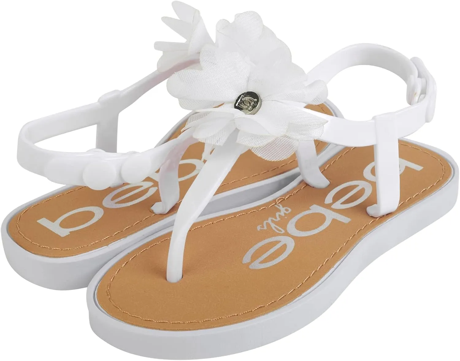 bebe Girls' Sandals - Open Toe Summer Flat Dress Shoes Snap Buckle Sandals with Chiffon Flower Design and Cushioned Sole