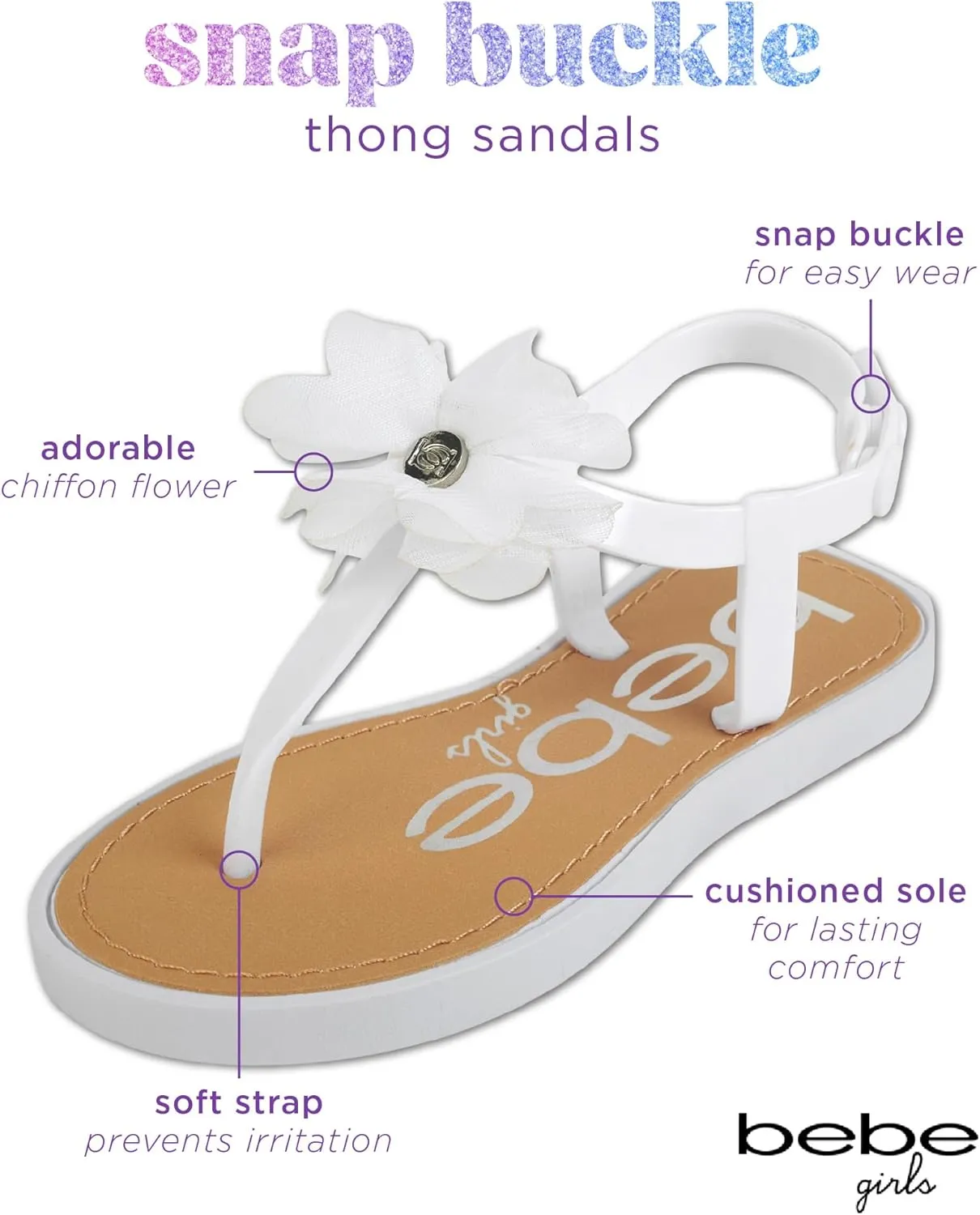 bebe Girls' Sandals - Open Toe Summer Flat Dress Shoes Snap Buckle Sandals with Chiffon Flower Design and Cushioned Sole