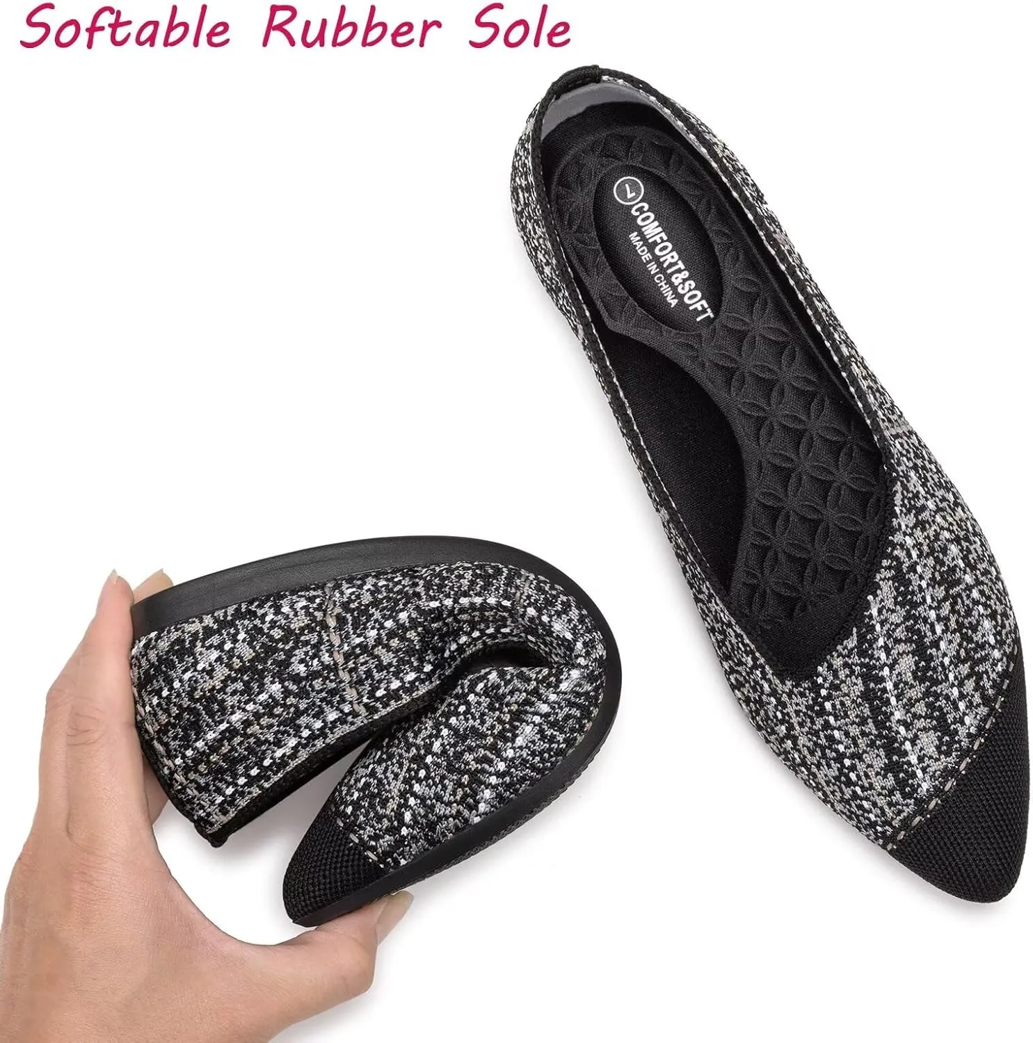 BEJINASH Women's Flat Shoes Black Pointed Toe Dress Shoes Knit Slip On Shoes Comfortable Walking Shoes for Woman Lightweight