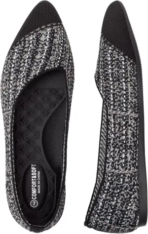 BEJINASH Women's Flat Shoes Black Pointed Toe Dress Shoes Knit Slip On Shoes Comfortable Walking Shoes for Woman Lightweight
