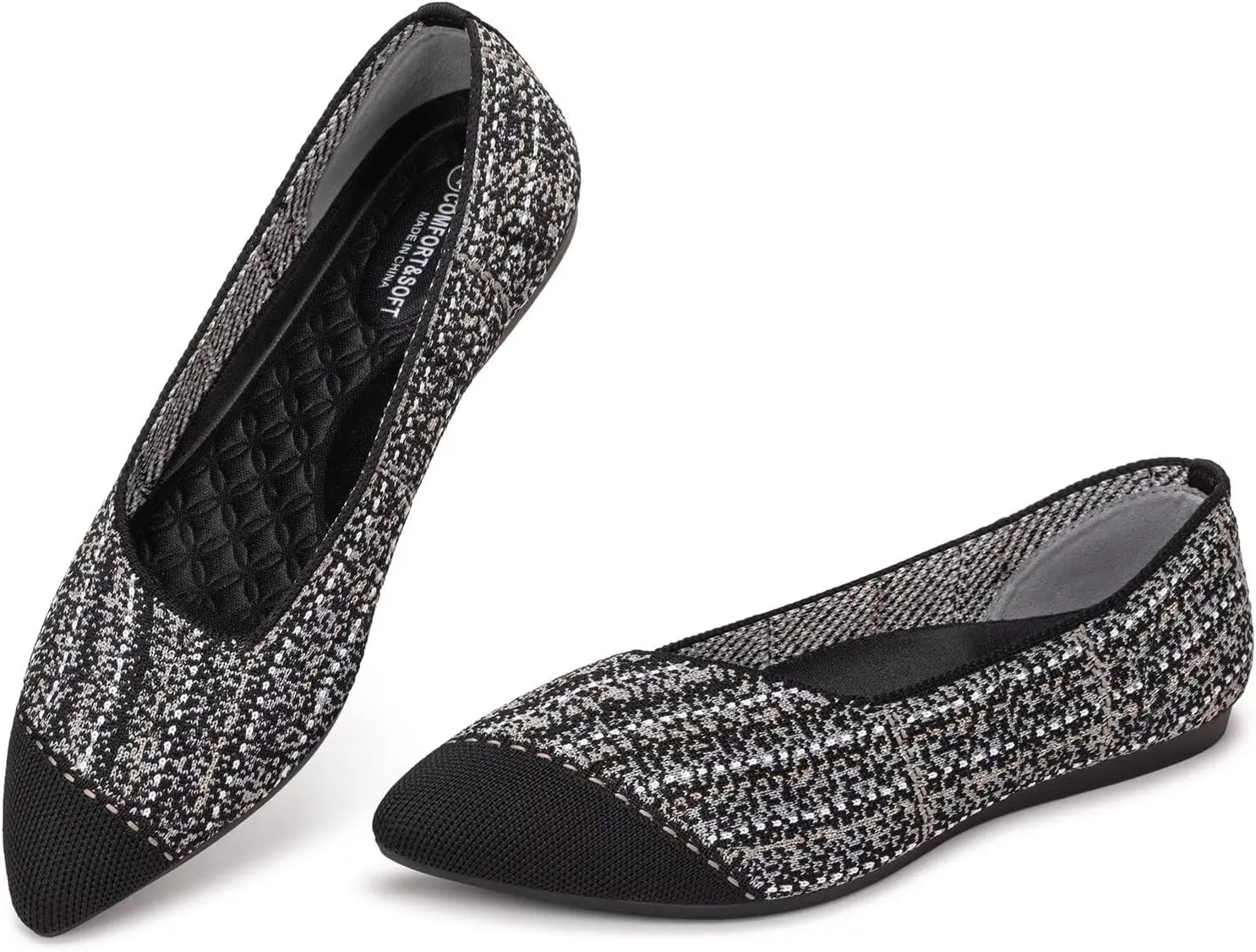 BEJINASH Women's Flat Shoes Black Pointed Toe Dress Shoes Knit Slip On Shoes Comfortable Walking Shoes for Woman Lightweight