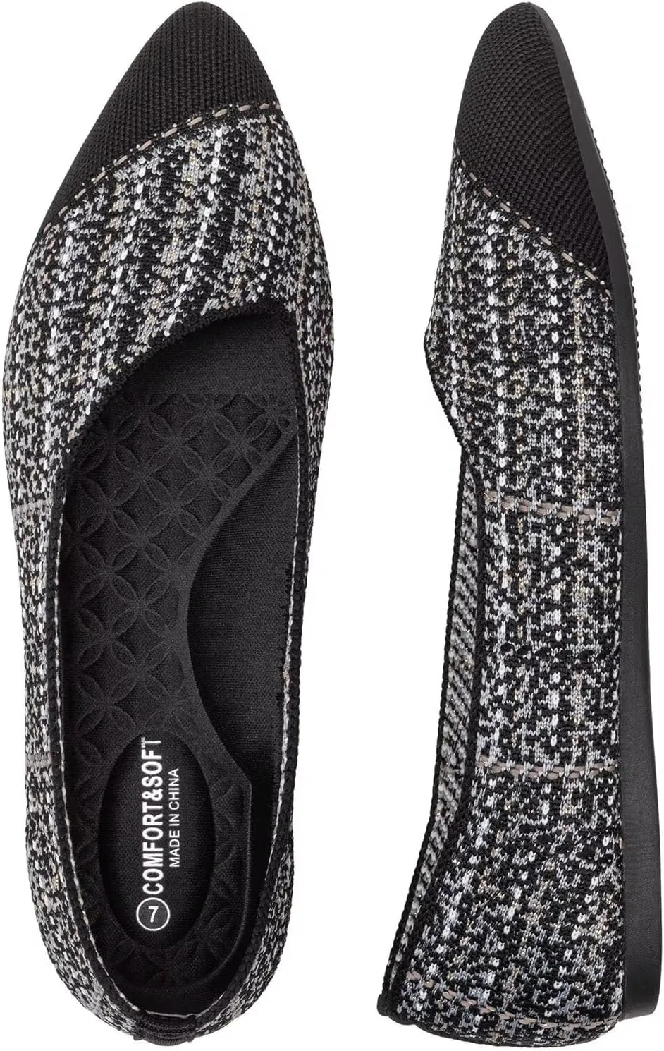 BEJINASH Women's Flat Shoes Black Pointed Toe Dress Shoes Knit Slip On Shoes Comfortable Walking Shoes for Woman Lightweight