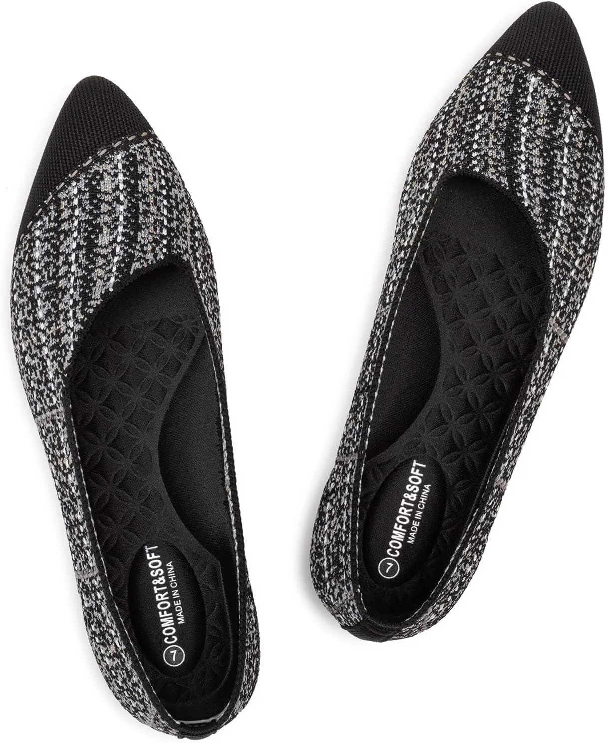 BEJINASH Women's Flat Shoes Black Pointed Toe Dress Shoes Knit Slip On Shoes Comfortable Walking Shoes for Woman Lightweight