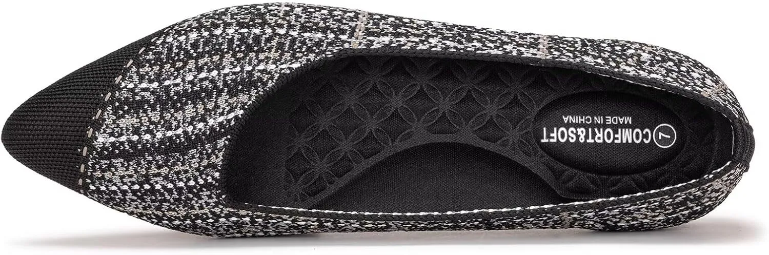 BEJINASH Women's Flat Shoes Black Pointed Toe Dress Shoes Knit Slip On Shoes Comfortable Walking Shoes for Woman Lightweight