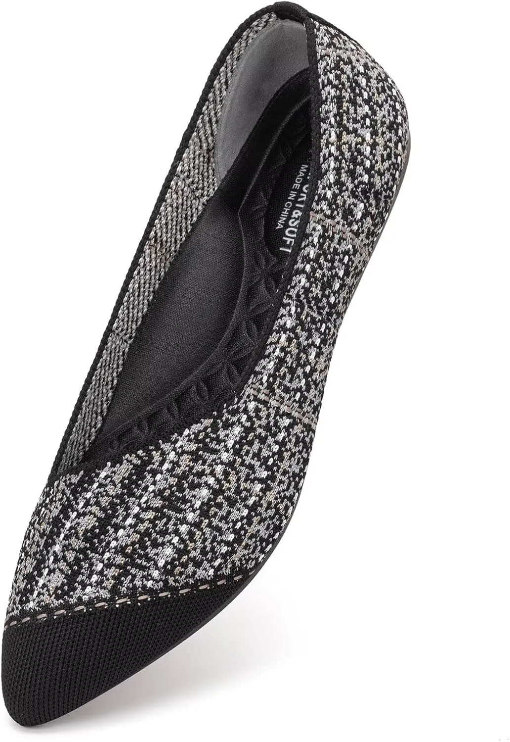 BEJINASH Women's Flat Shoes Black Pointed Toe Dress Shoes Knit Slip On Shoes Comfortable Walking Shoes for Woman Lightweight