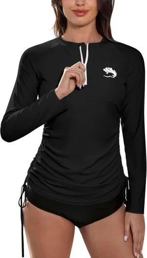 BesserBay Women's UPF 50  UV Sun Protection Rash Guard Shirt Half Zip Long Sleeve Ruched Tie Side Swim Top Swim Shirt