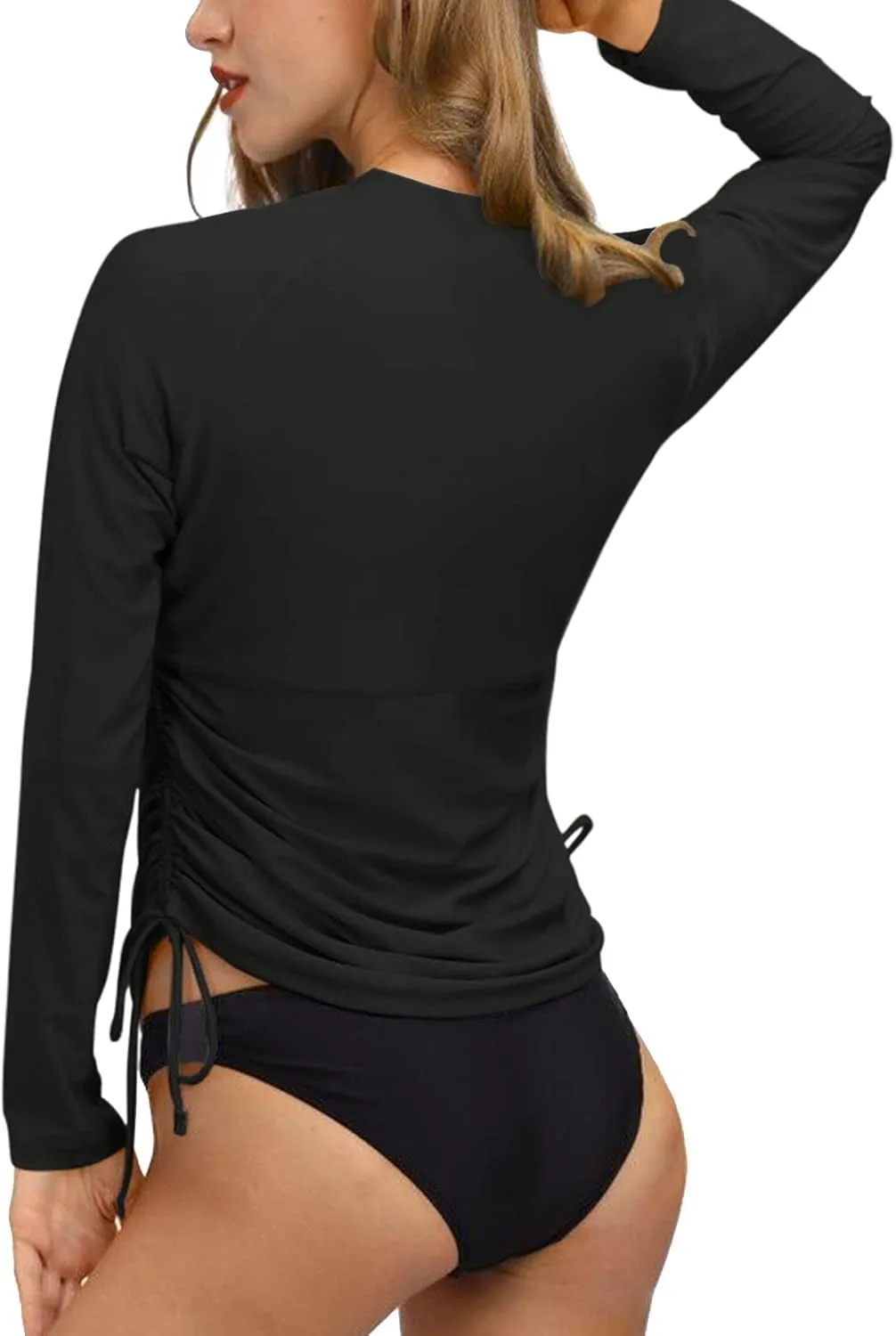 BesserBay Women's UPF 50  UV Sun Protection Rash Guard Shirt Half Zip Long Sleeve Ruched Tie Side Swim Top Swim Shirt