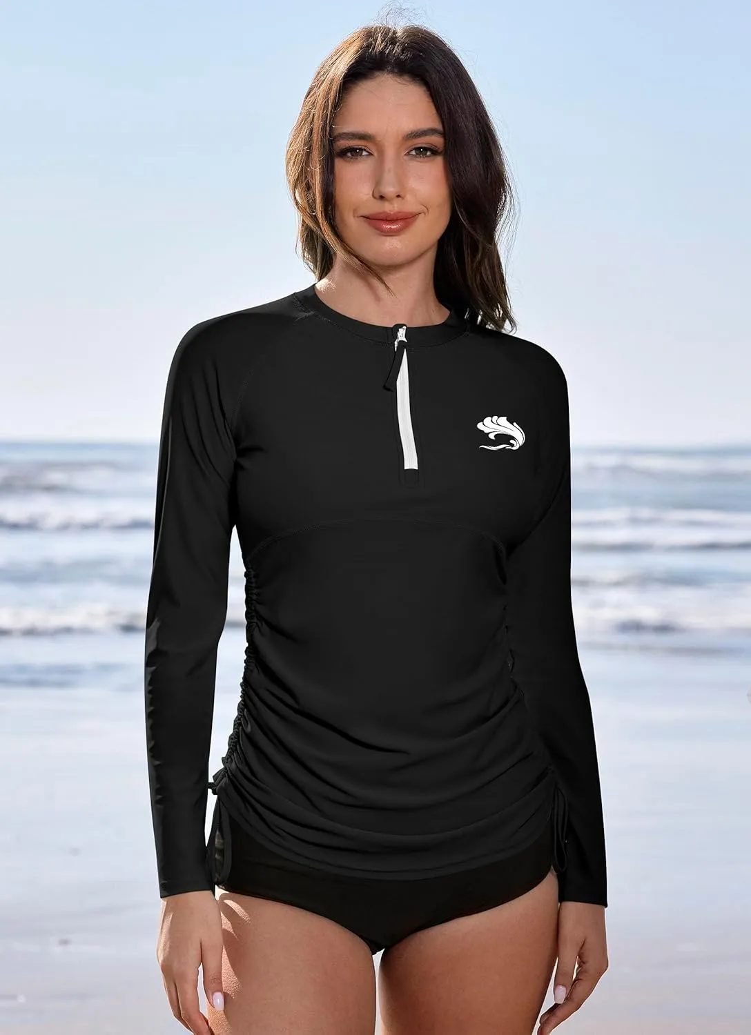 BesserBay Women's UPF 50  UV Sun Protection Rash Guard Shirt Half Zip Long Sleeve Ruched Tie Side Swim Top Swim Shirt