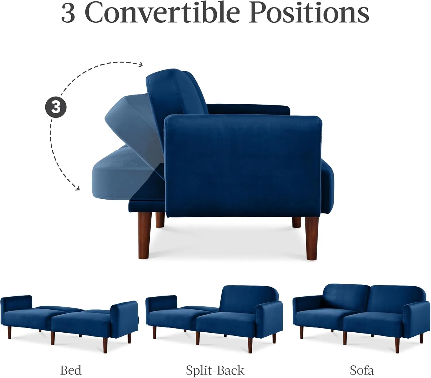 Best Choice Products 77" Mid Century Modern Velvet Loveseat Sofa, Couch, Convertible Sofa Sleeper Bed w/Real Wood, Removable Armrest - Navy Blue