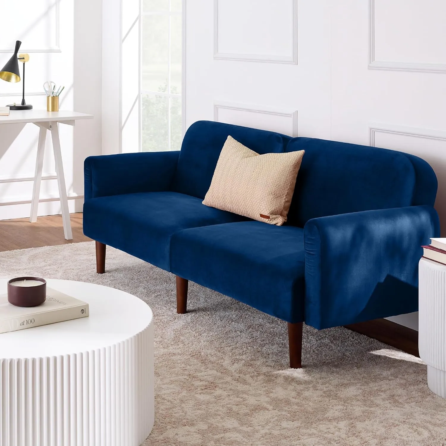 Best Choice Products 77" Mid Century Modern Velvet Loveseat Sofa, Couch, Convertible Sofa Sleeper Bed w/Real Wood, Removable Armrest - Navy Blue