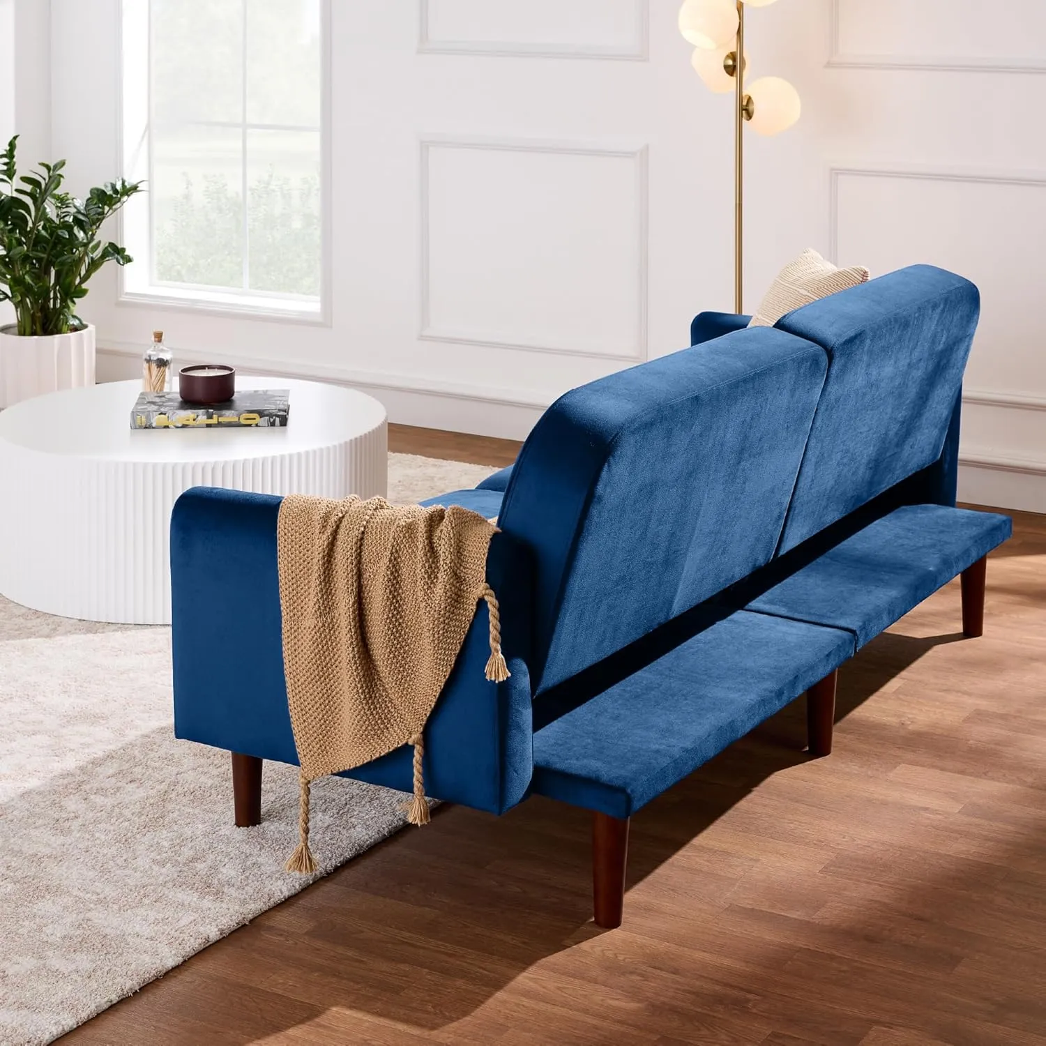 Best Choice Products 77" Mid Century Modern Velvet Loveseat Sofa, Couch, Convertible Sofa Sleeper Bed w/Real Wood, Removable Armrest - Navy Blue