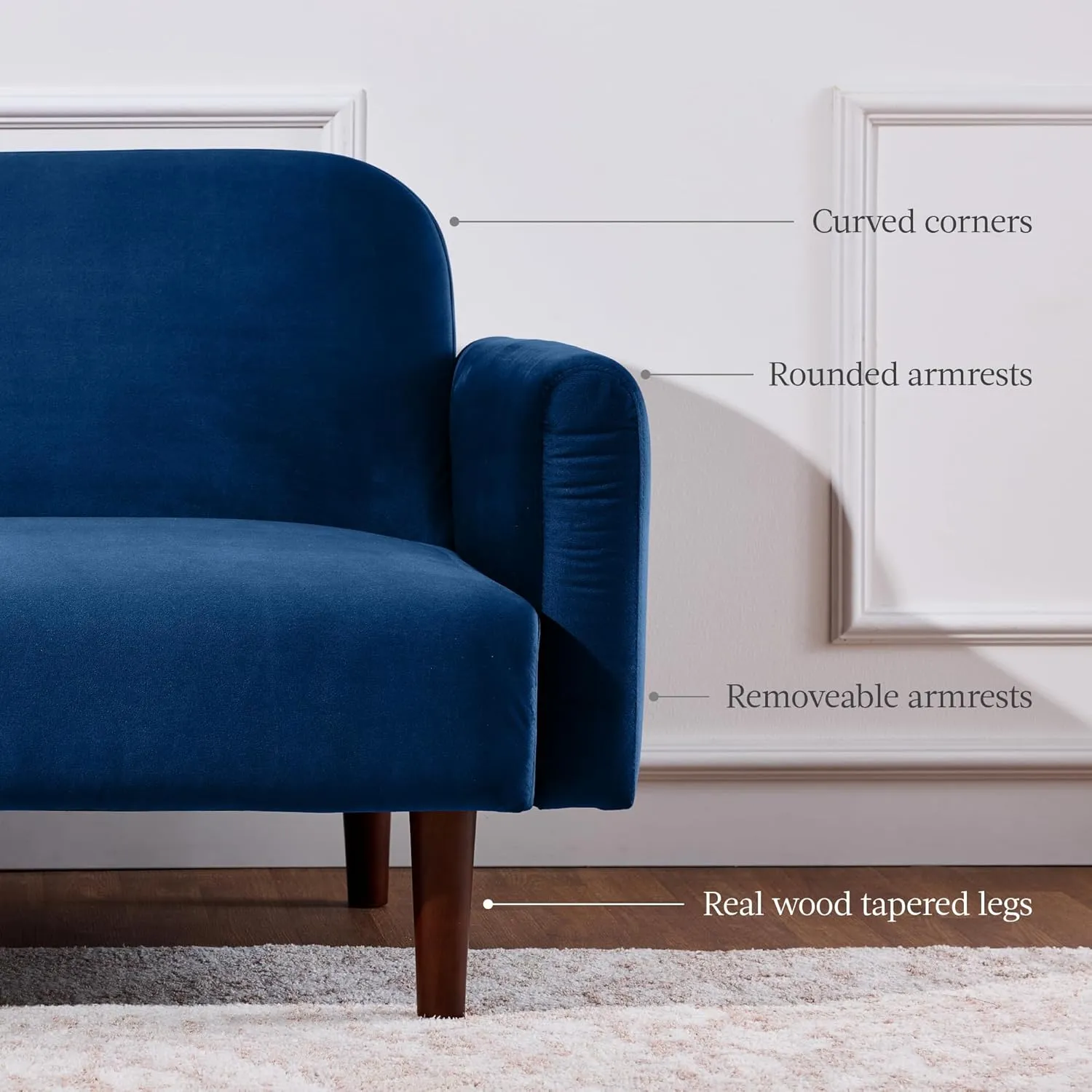 Best Choice Products 77" Mid Century Modern Velvet Loveseat Sofa, Couch, Convertible Sofa Sleeper Bed w/Real Wood, Removable Armrest - Navy Blue