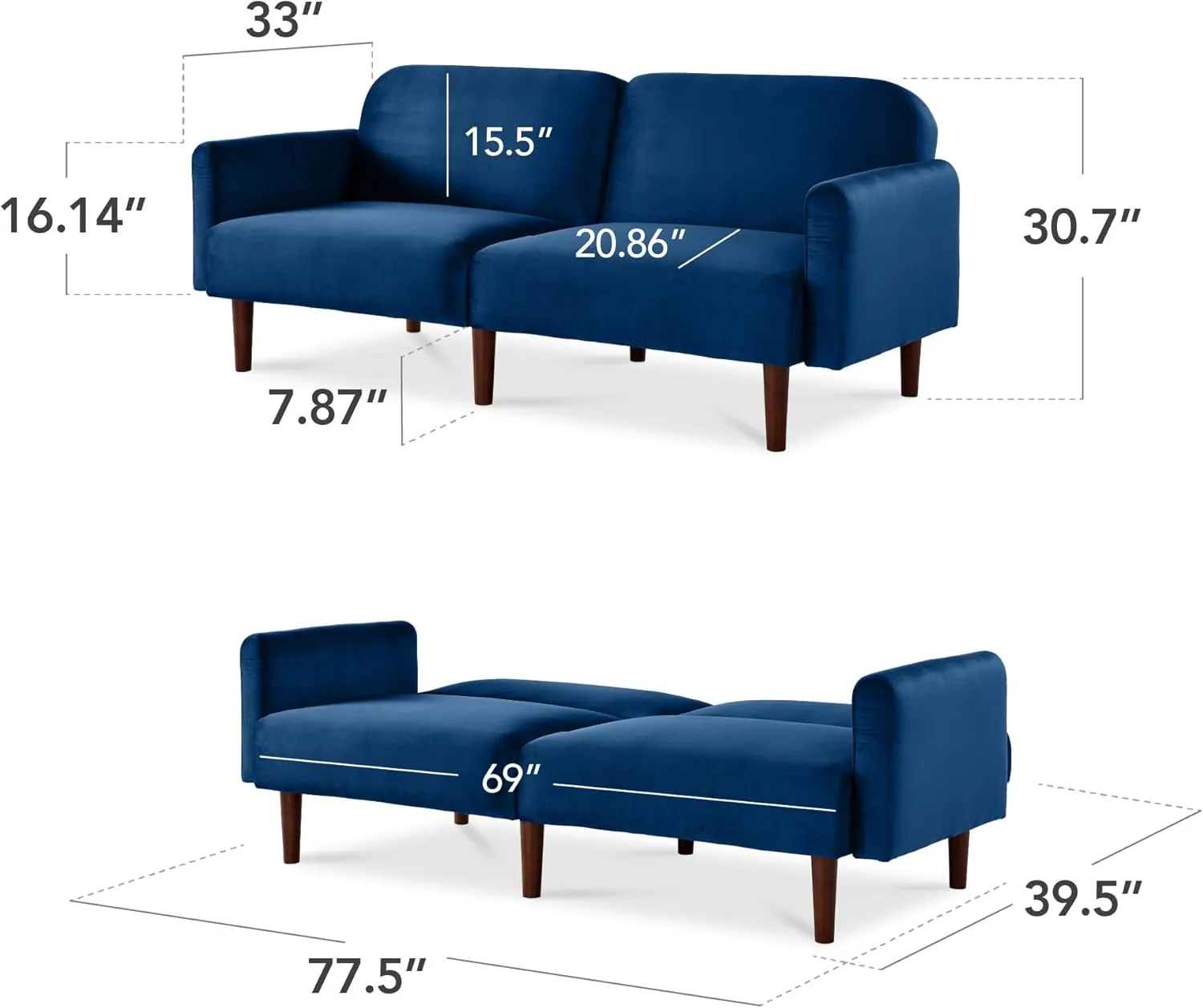 Best Choice Products 77" Mid Century Modern Velvet Loveseat Sofa, Couch, Convertible Sofa Sleeper Bed w/Real Wood, Removable Armrest - Navy Blue