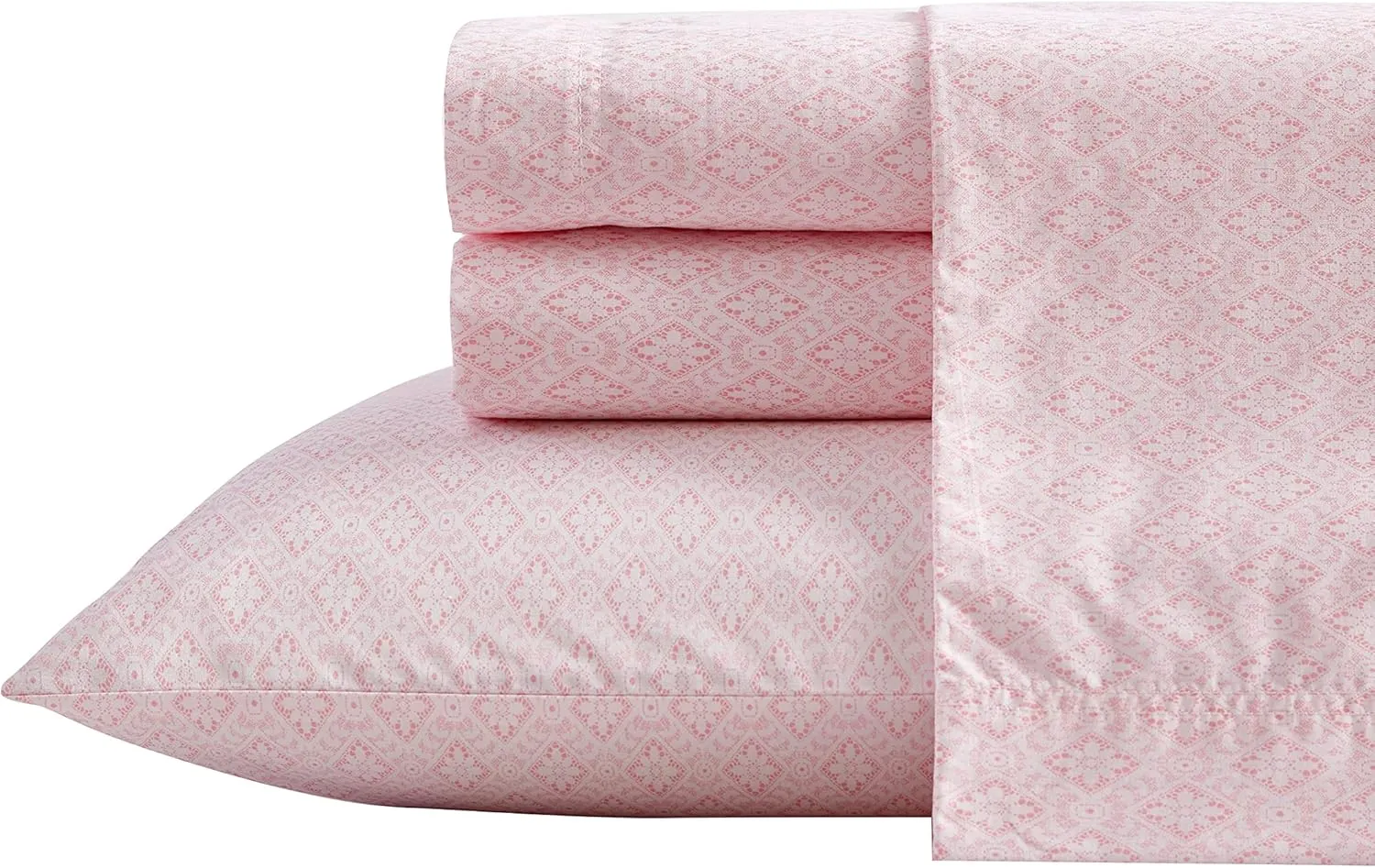 Betsey Johnson- Queen Bed Sheets, Cotton Percale Bedding Set, Crisp & Cool, Lightweight & Breathable (Diamond Lace Pink, Queen)